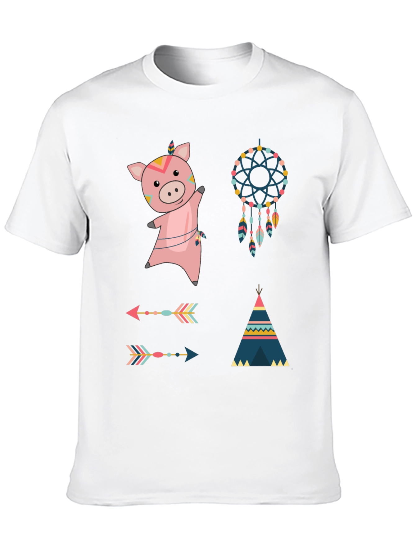 Whimsical Tribal Pig Graphic Tee - Black Cotton Blend
