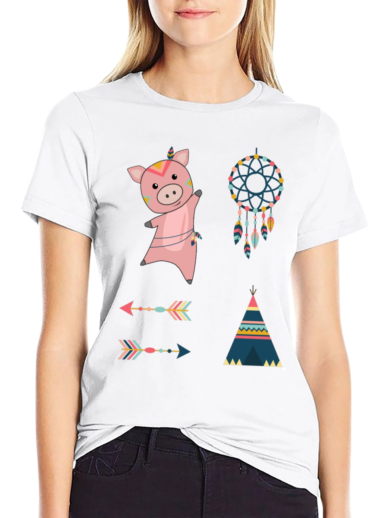 Whimsical Tribal Pig Graphic Tee - Black Cotton Blend