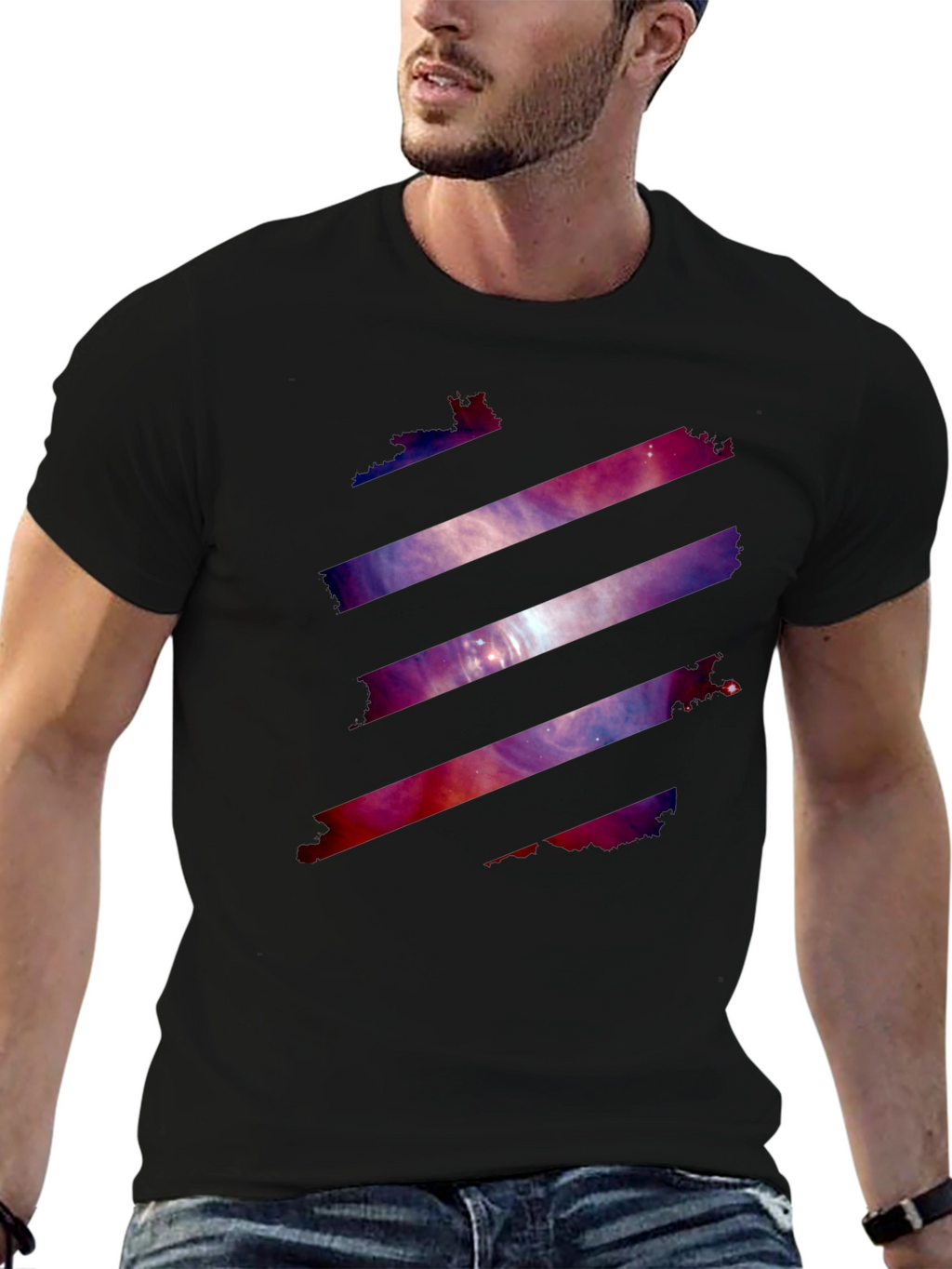 Galaxy Stripe Graphic Tee - Stylish Mens Black T-Shirt