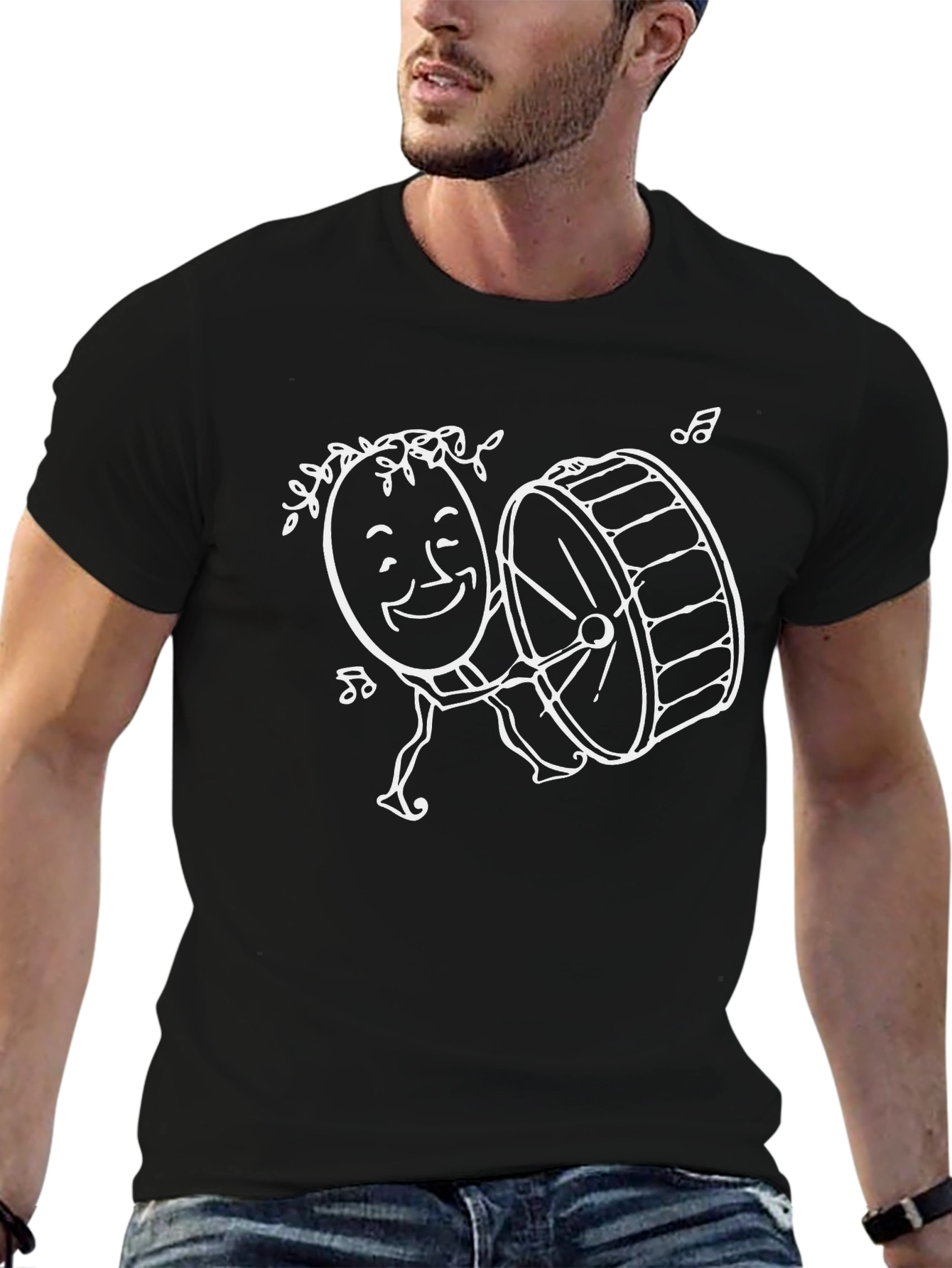 Music Lovers Black T-Shirt with Drummer Design