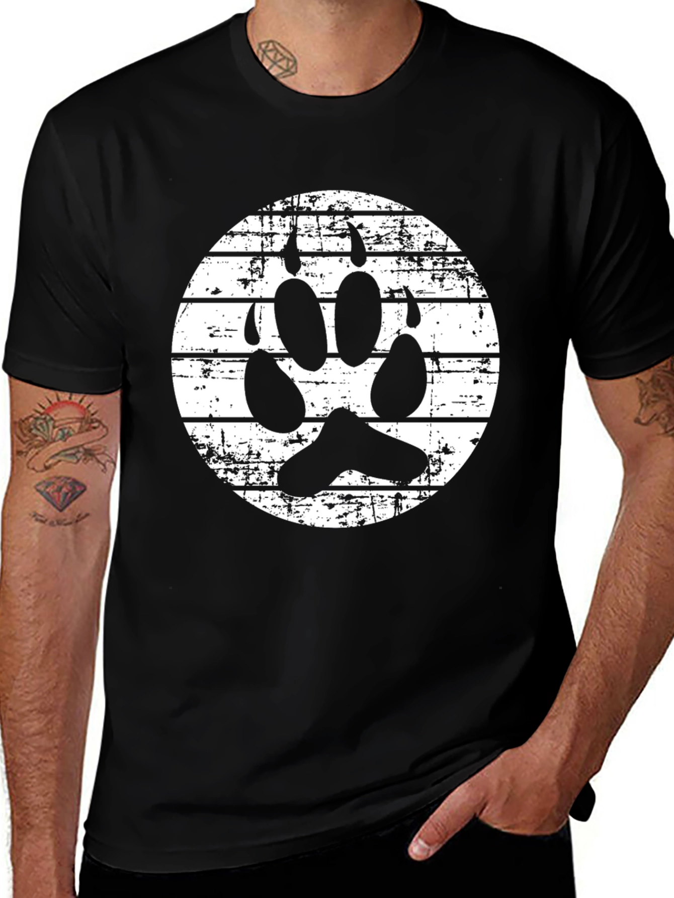 Grunge Paw Print Graphic Tee - Black