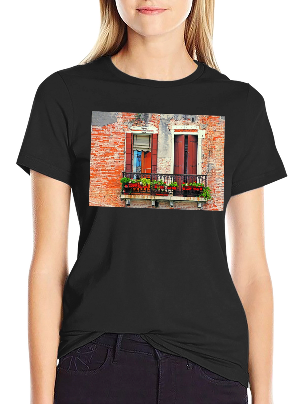Venice Window T-Shirt: Black Balcony View