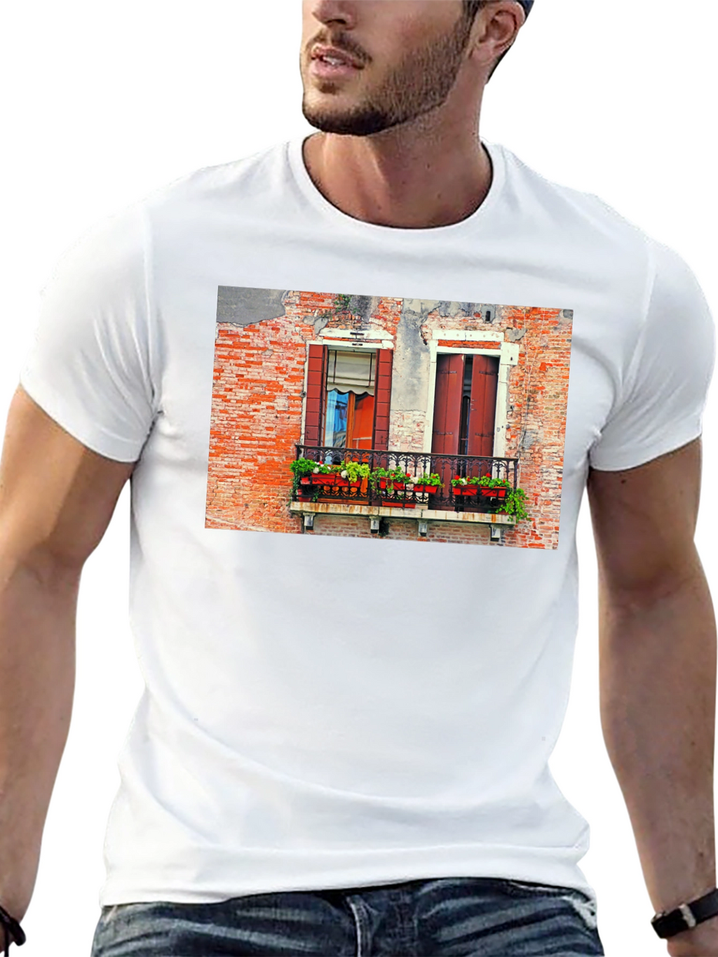 Venice Window T-Shirt: Black Balcony View