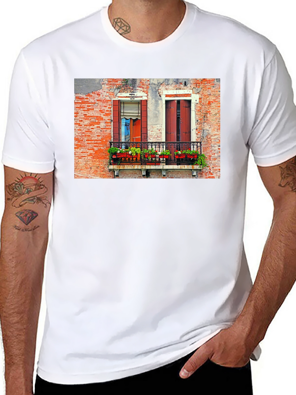 Venice Window T-Shirt: Black Balcony View