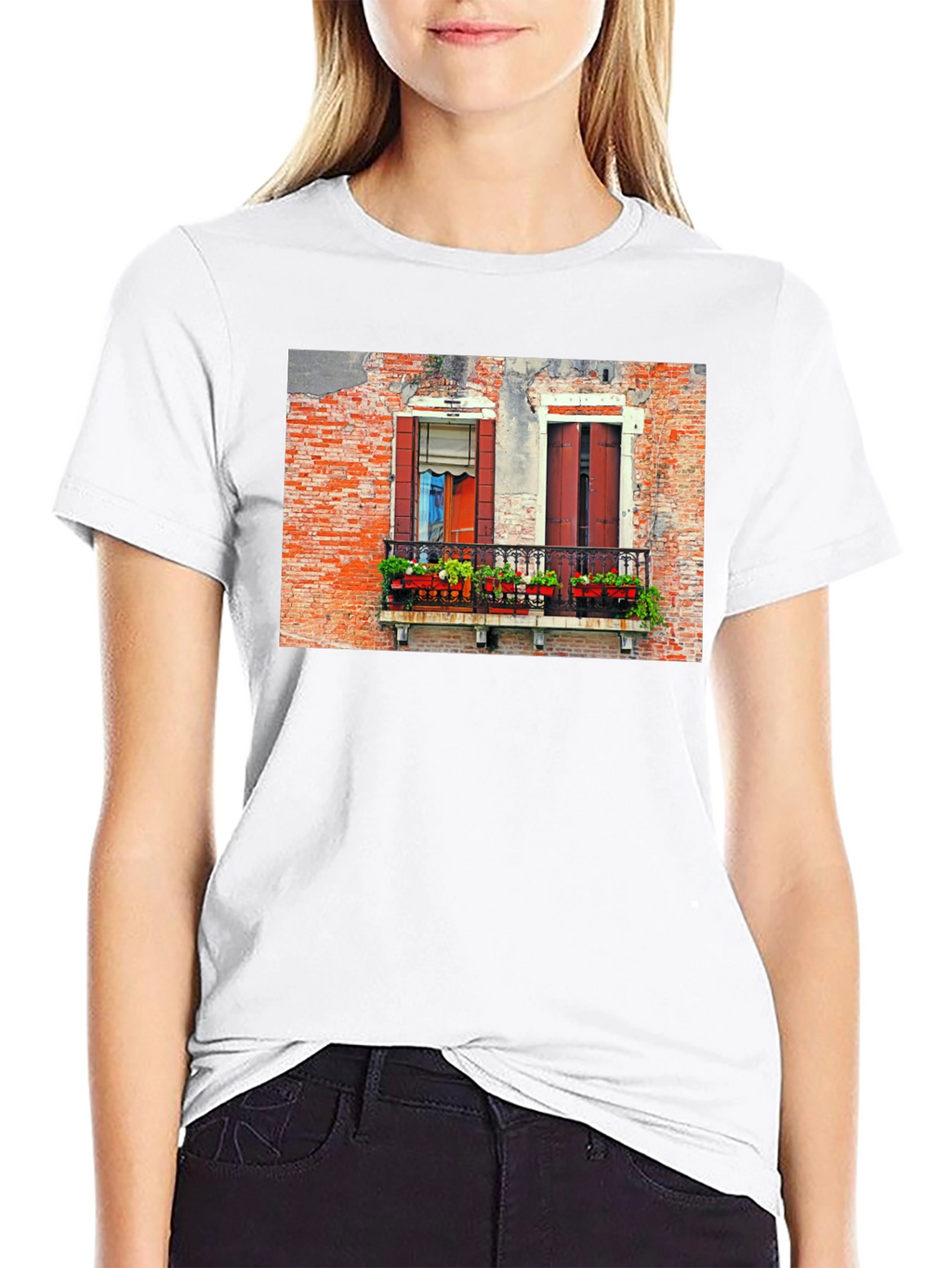 Venice Window T-Shirt: Black Balcony View