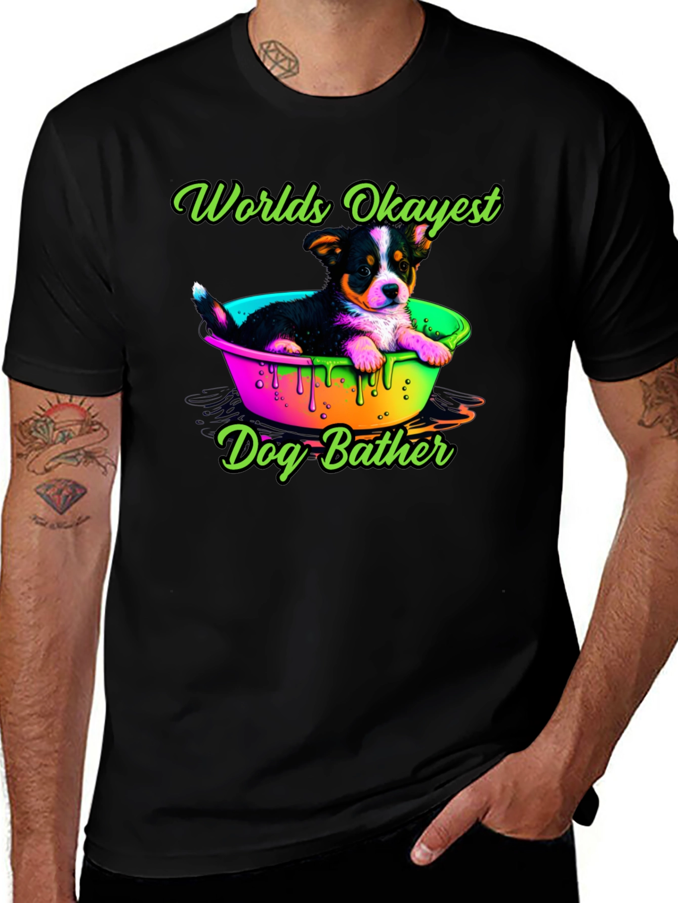 Worlds Okayest Dog Bather T-Shirt - Cute Puppy Design