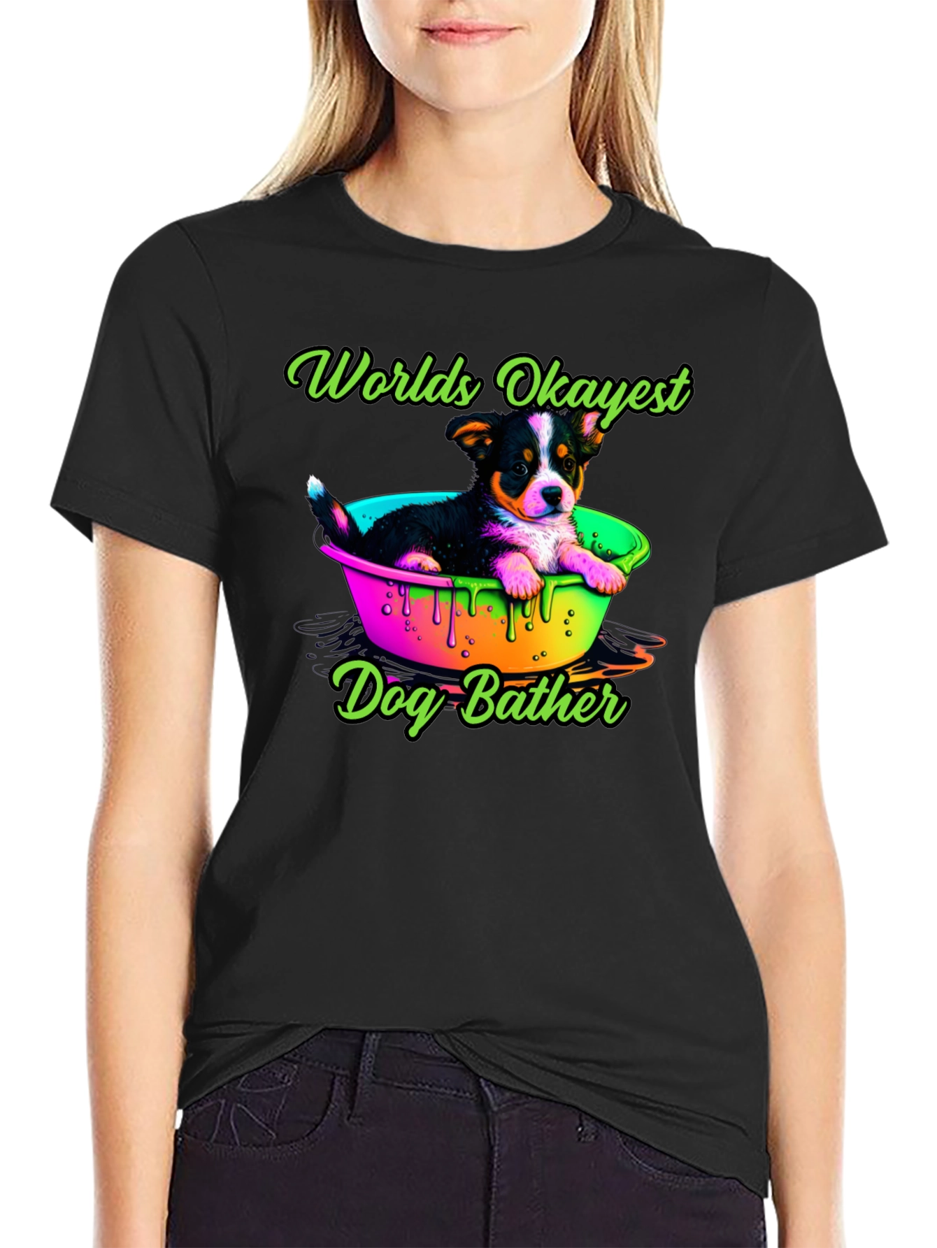 Worlds Okayest Dog Bather T-Shirt - Cute Puppy Design
