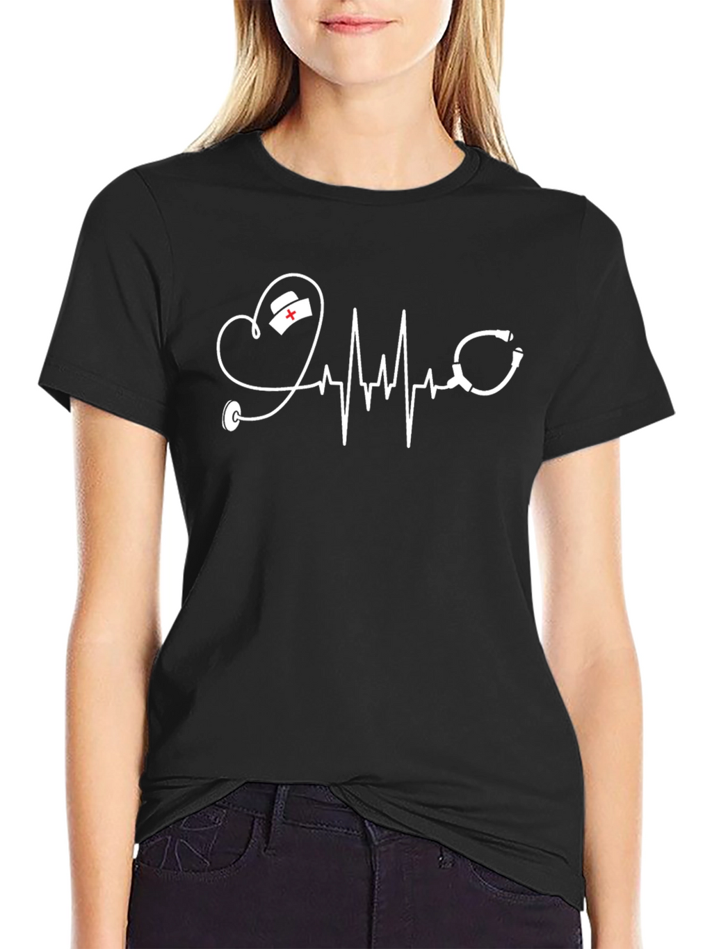 Heartbeat Nurse Stethoscope Graphic Tee - Black