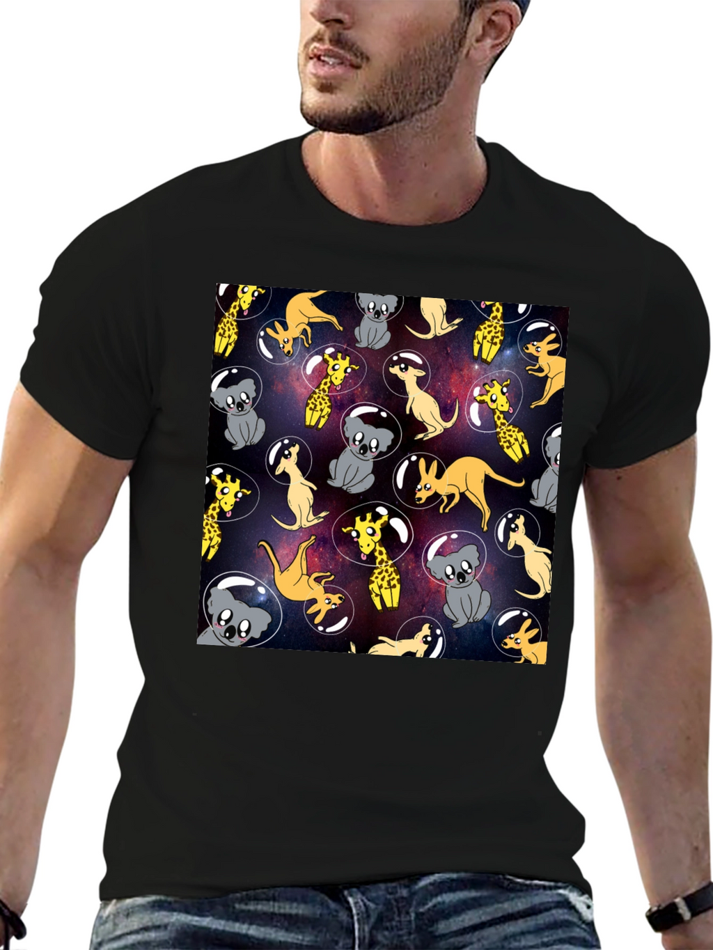 Space Animal Print Black T-Shirt