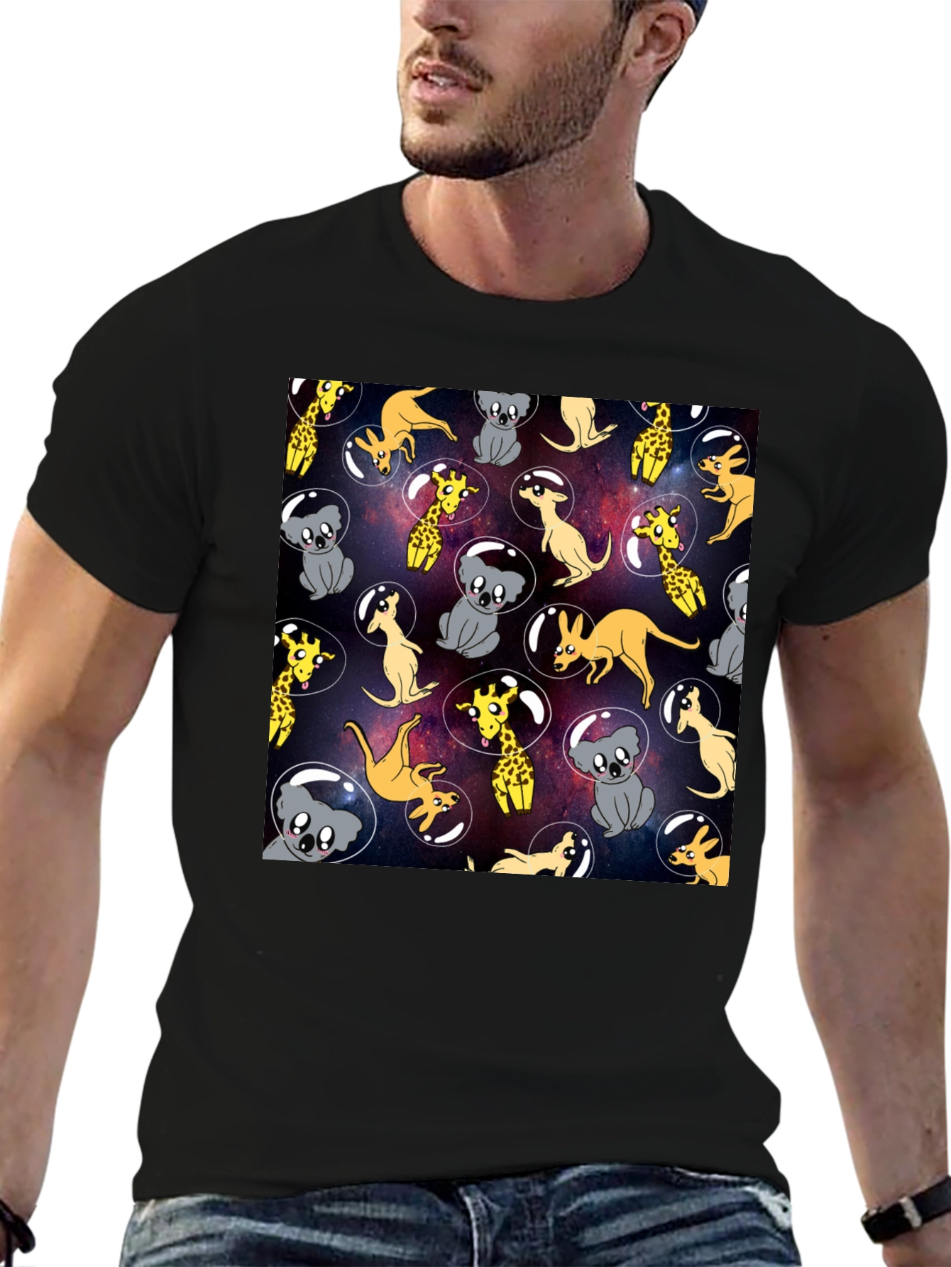 Space Animal Print Black T-Shirt