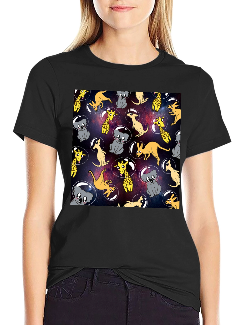 Space Animal Print Black T-Shirt