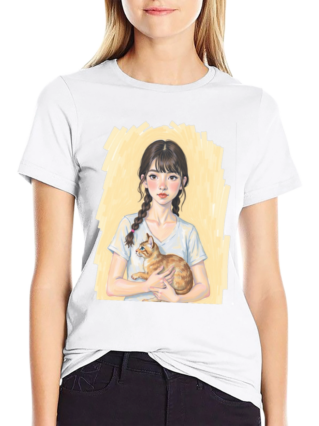 Girl with Cat T-Shirt - Cute Graphic Tee