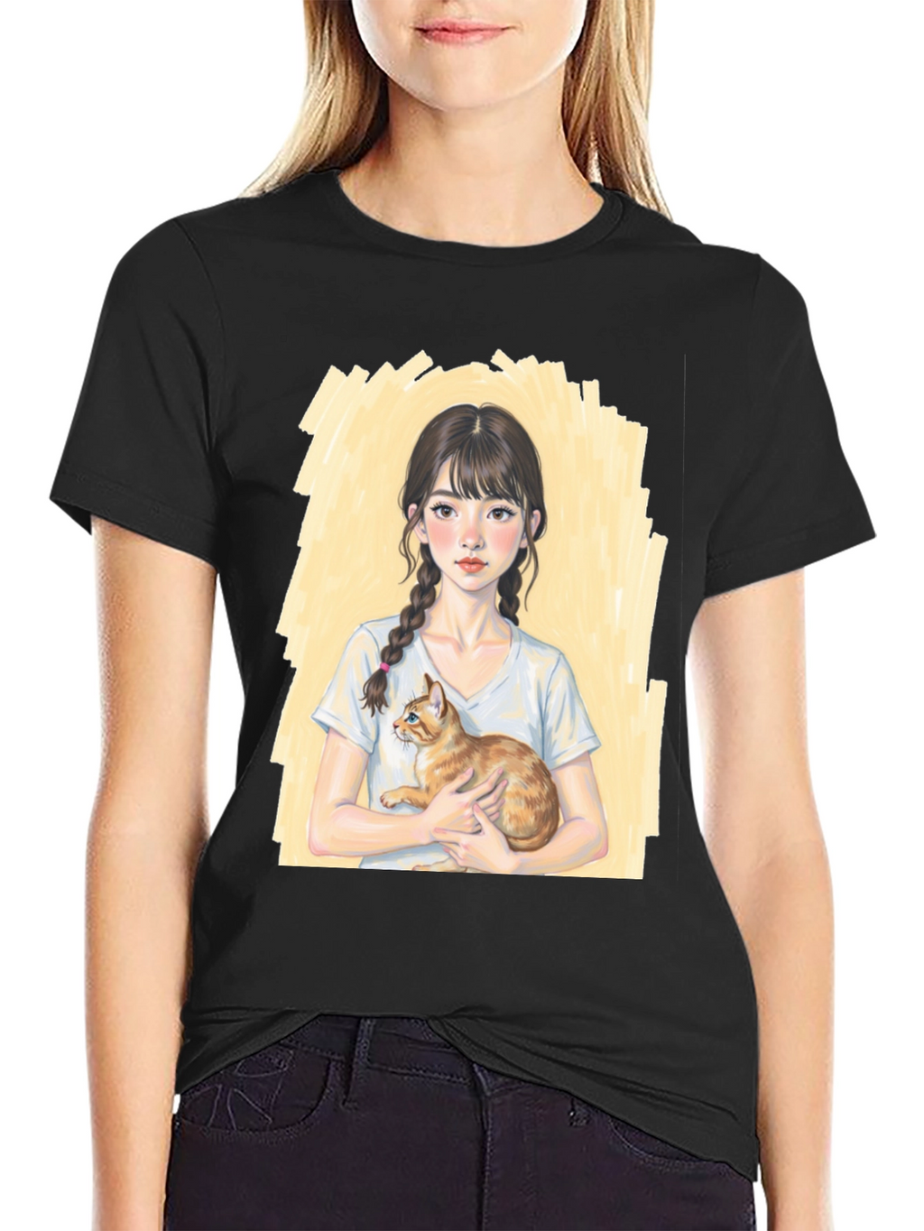 Girl with Cat T-Shirt - Cute Graphic Tee