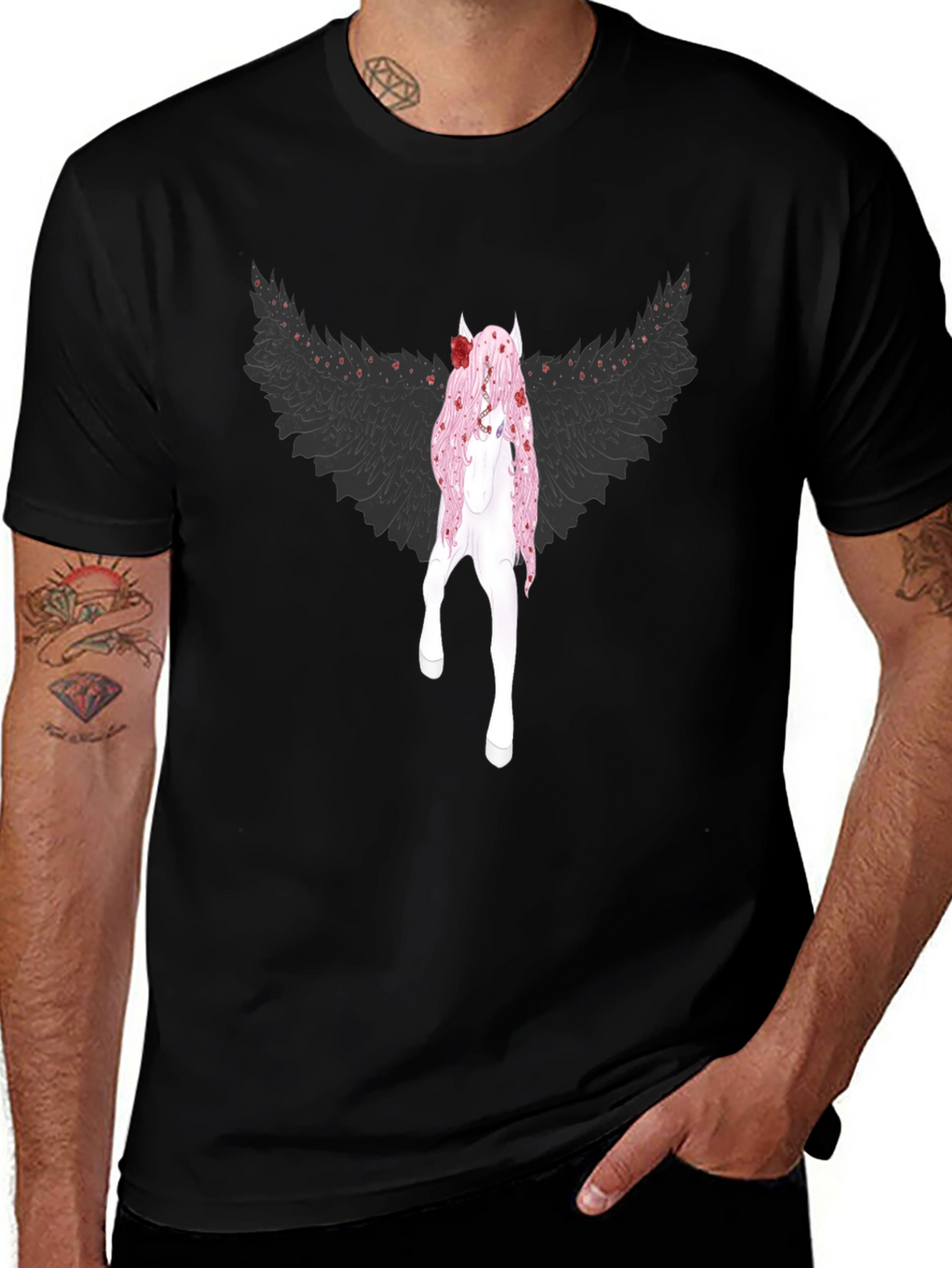 Black T-Shirt with Fantasy Character Graphic Print