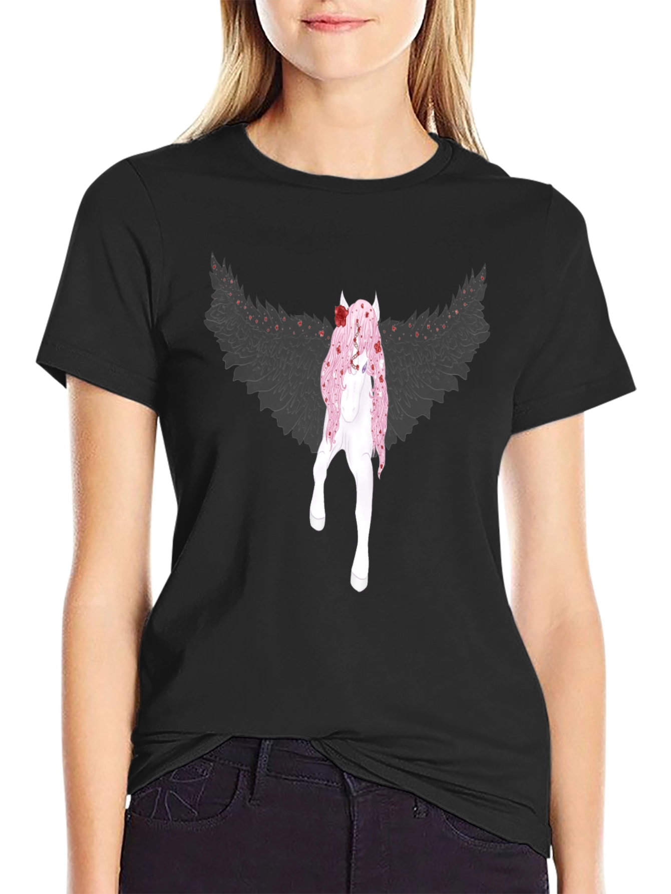 Black T-Shirt with Fantasy Character Graphic Print