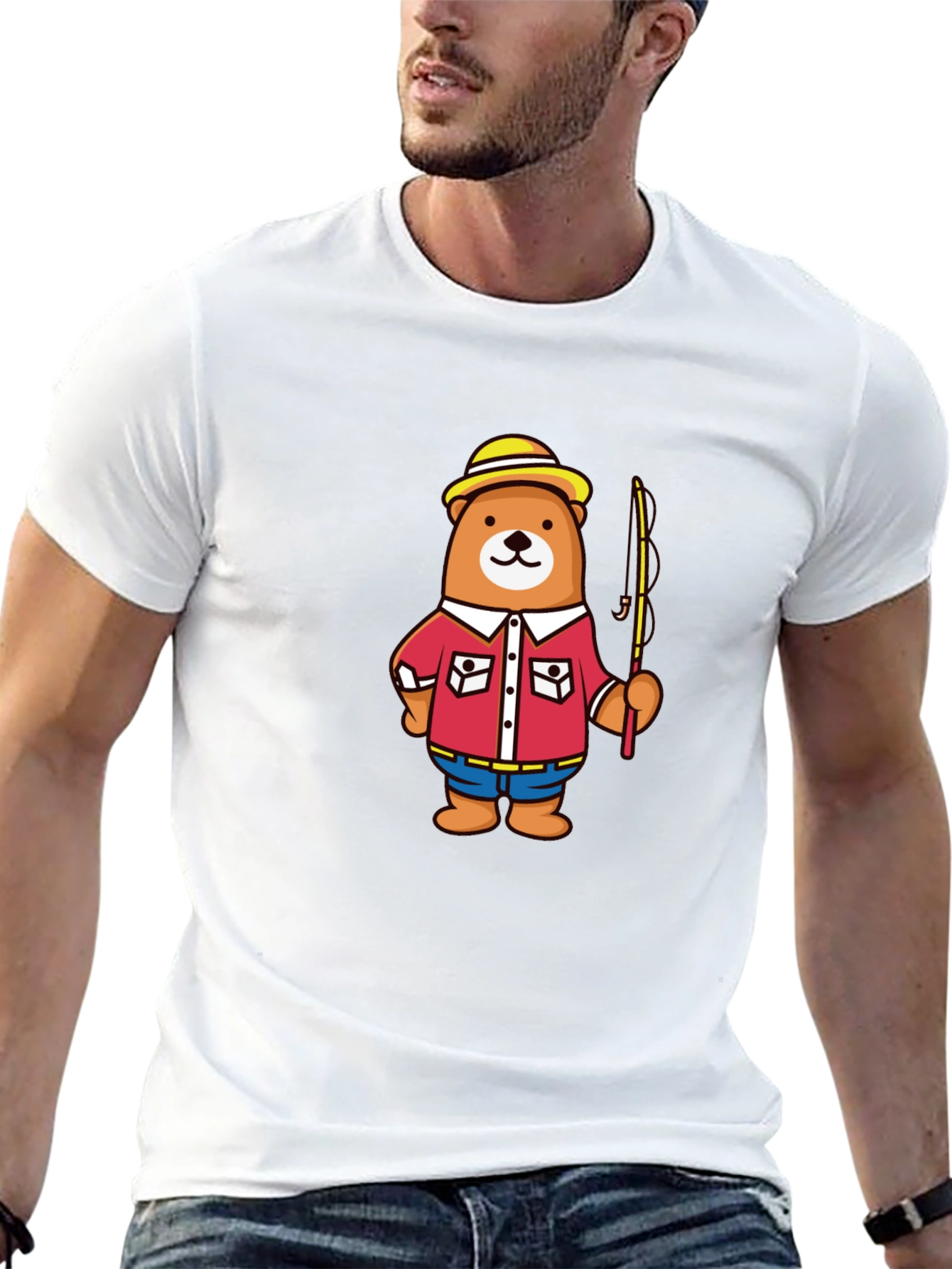 Fishing Bear Cartoon Graphic T-Shirt