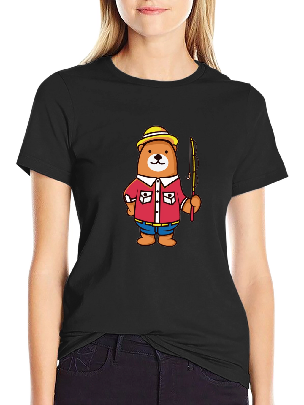Fishing Bear Cartoon Graphic T-Shirt