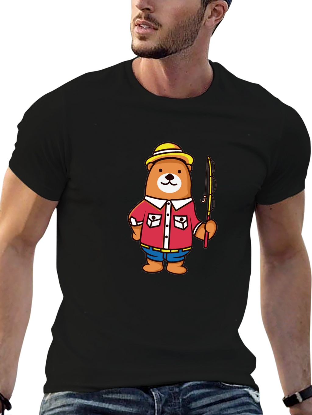 Fishing Bear Cartoon Graphic T-Shirt