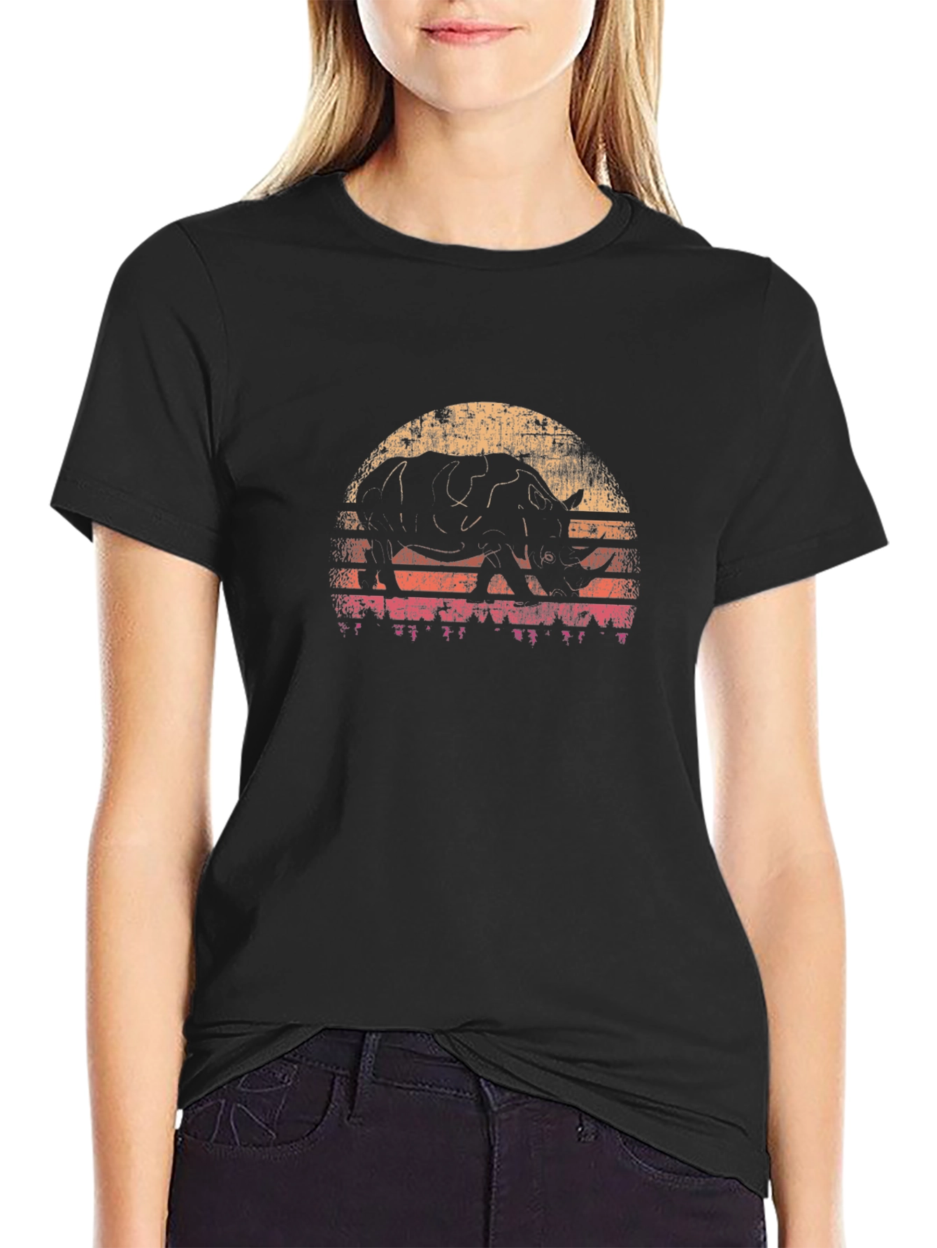 Retro Rhino Sunset Graphic T-Shirt