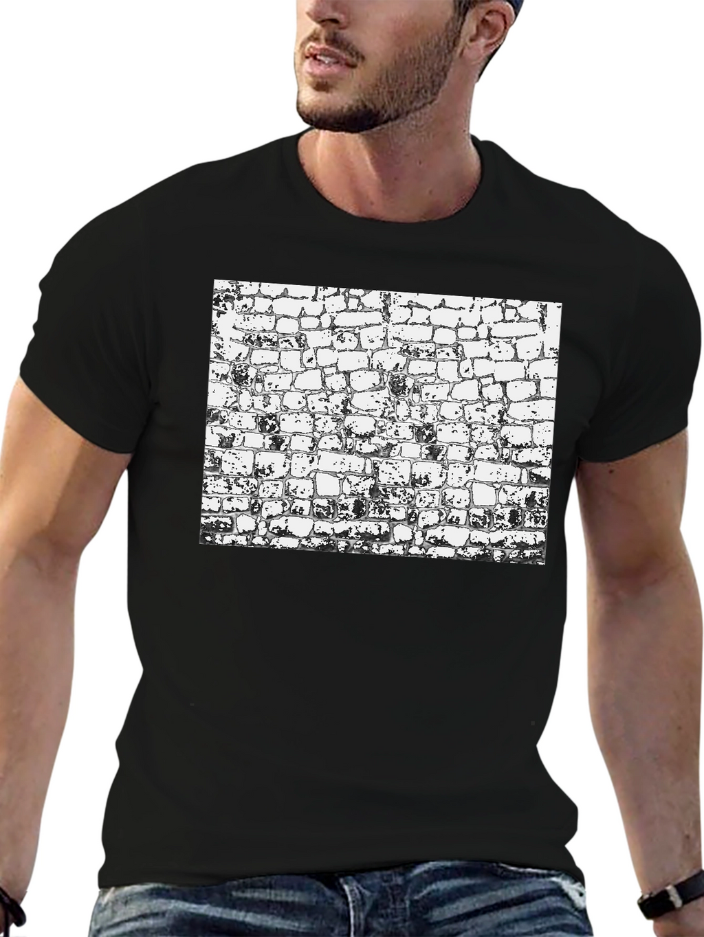 Textured Brick Wall Graphic Black T-Shirt