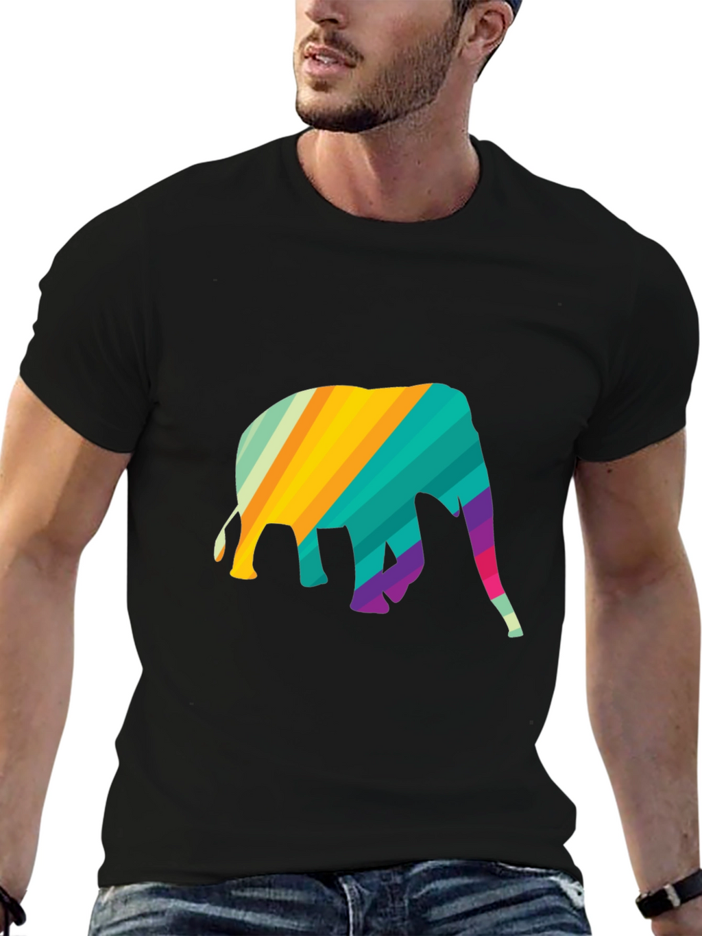Rainbow Elephant Graphic Tee - Stylish Mens Black T-Shirt
