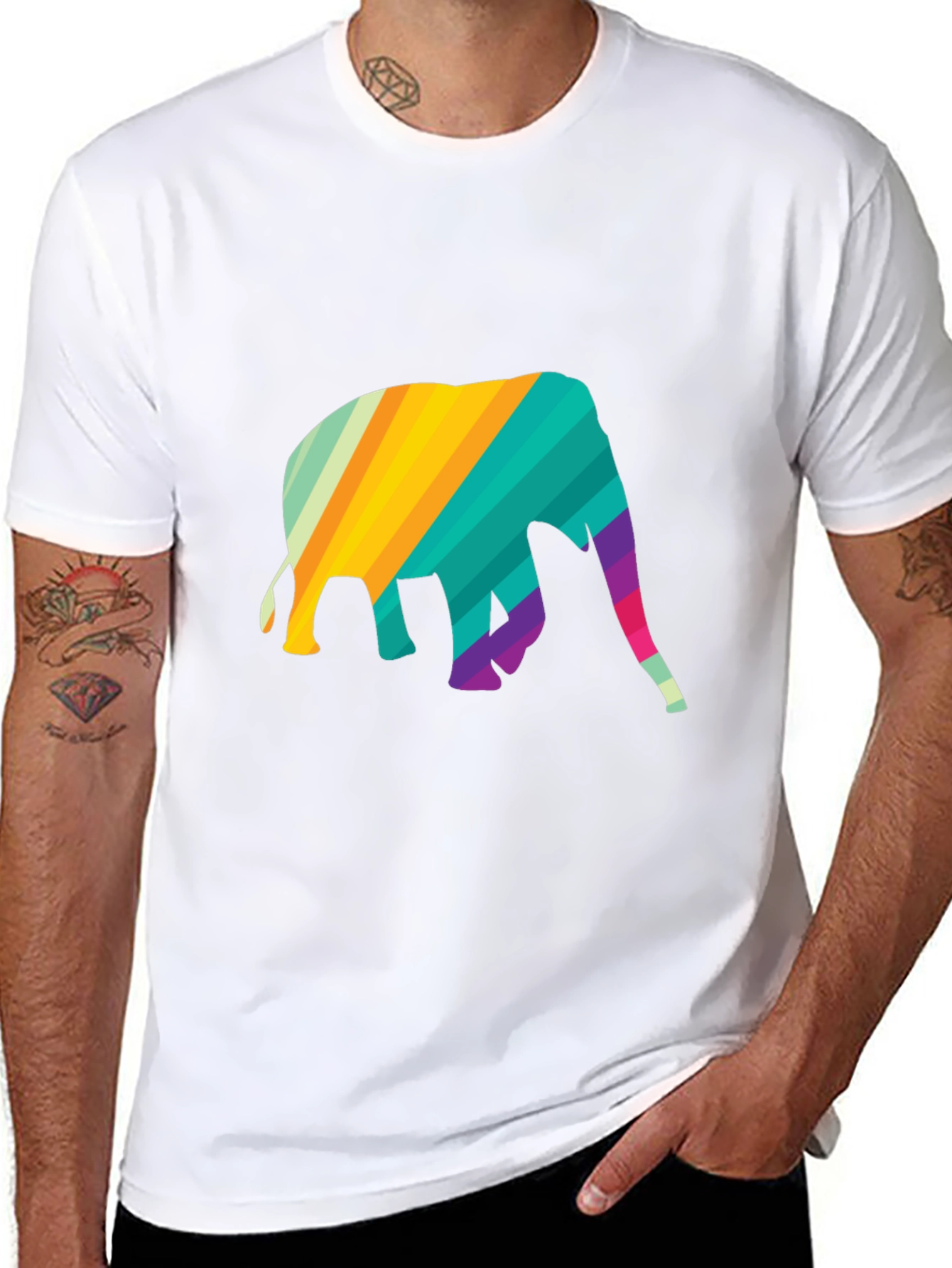Rainbow Elephant Graphic Tee - Stylish Mens Black T-Shirt
