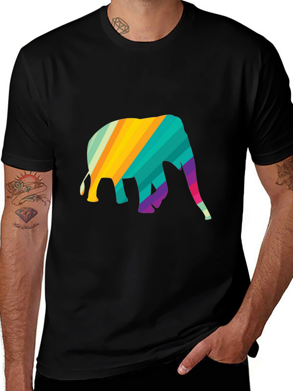 Rainbow Elephant Graphic Tee - Stylish Mens Black T-Shirt
