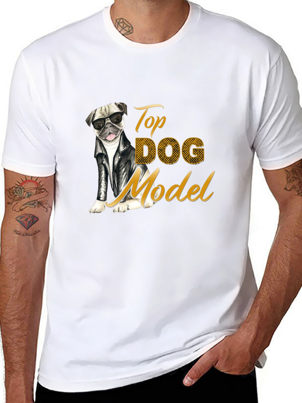 Top Dog Model T-Shirt - Stylish Pug in Leather