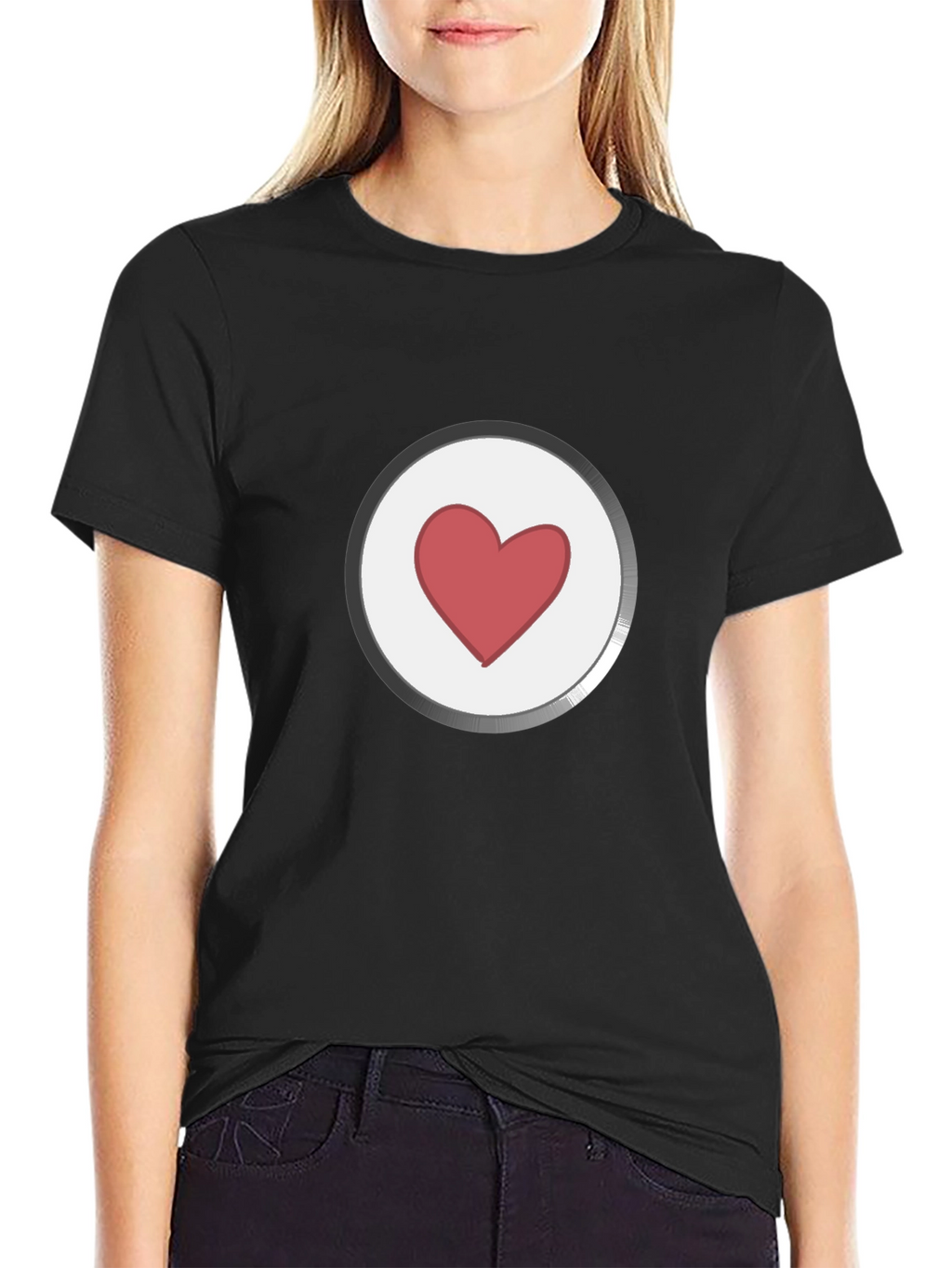 Heart Button Graphic Black T-Shirt