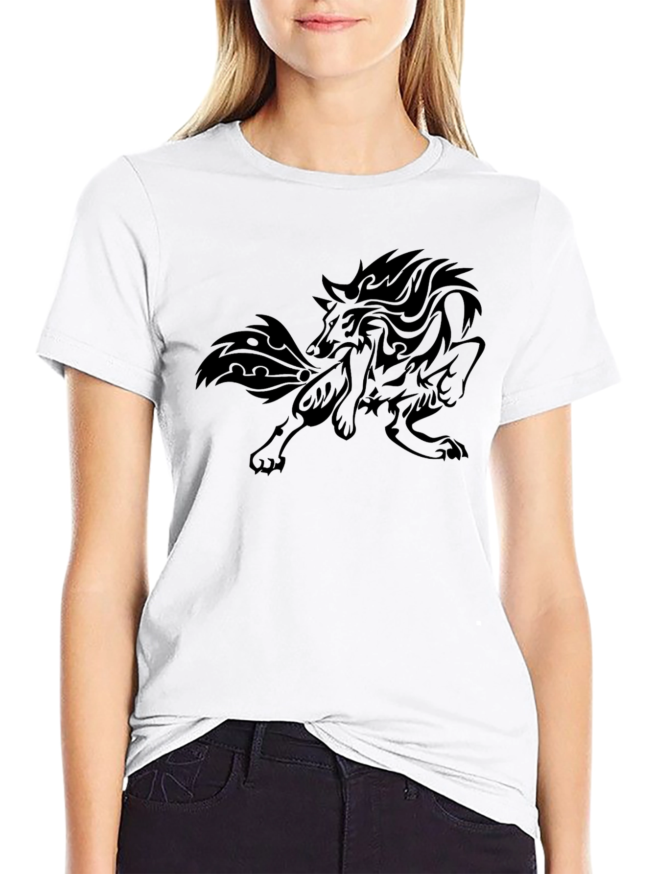 Tribal Wolf Graphic Print Black T-Shirt