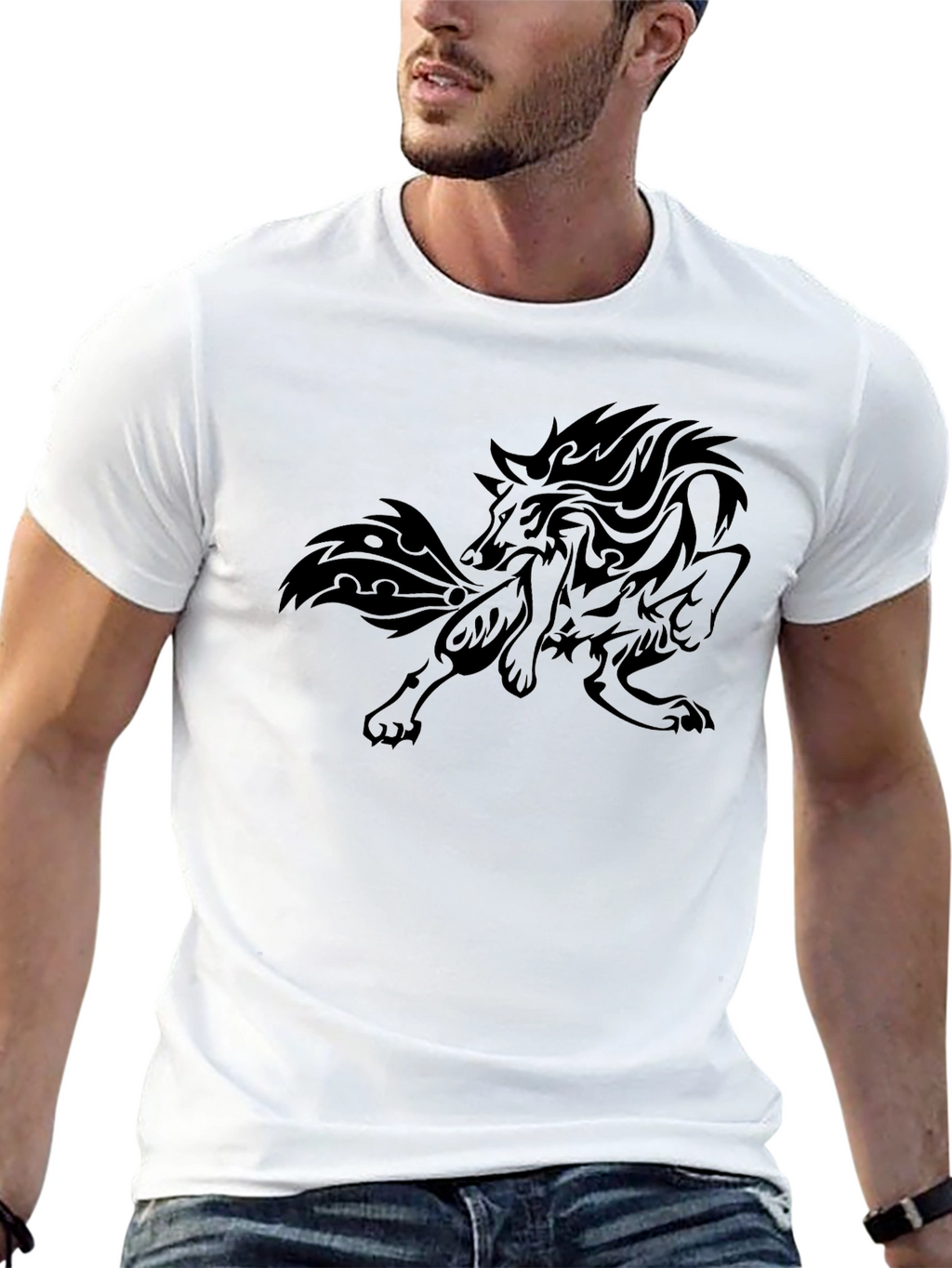 Tribal Wolf Graphic Print Black T-Shirt