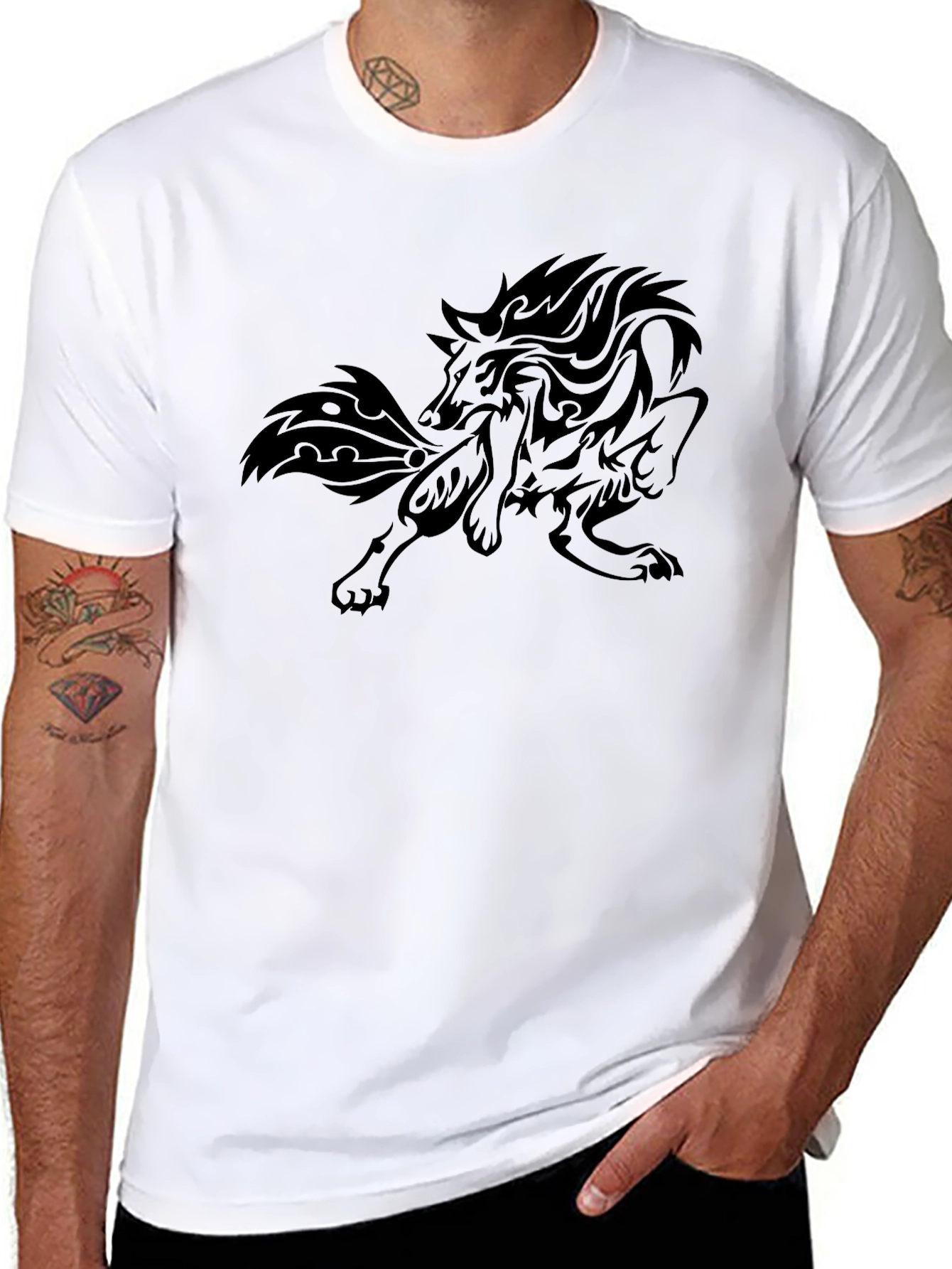 Tribal Wolf Graphic Print Black T-Shirt
