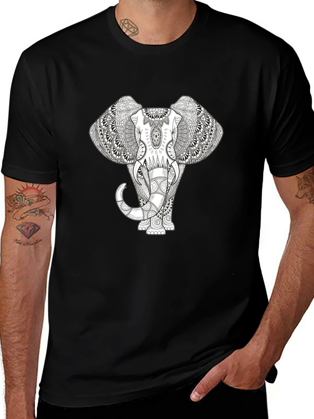 Elephant Mandala Print Black T-Shirt
