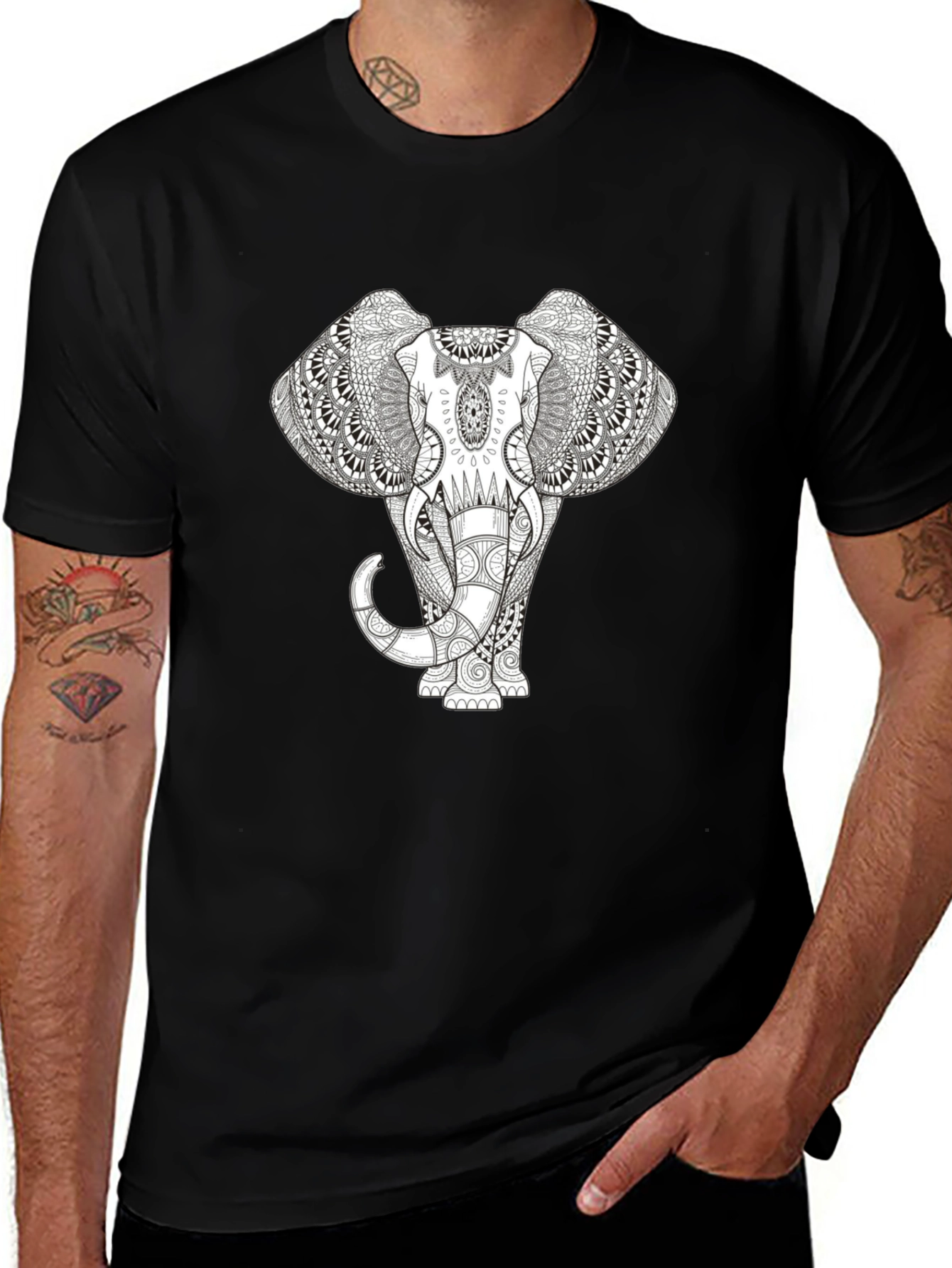 Elephant Mandala Print Black T-Shirt