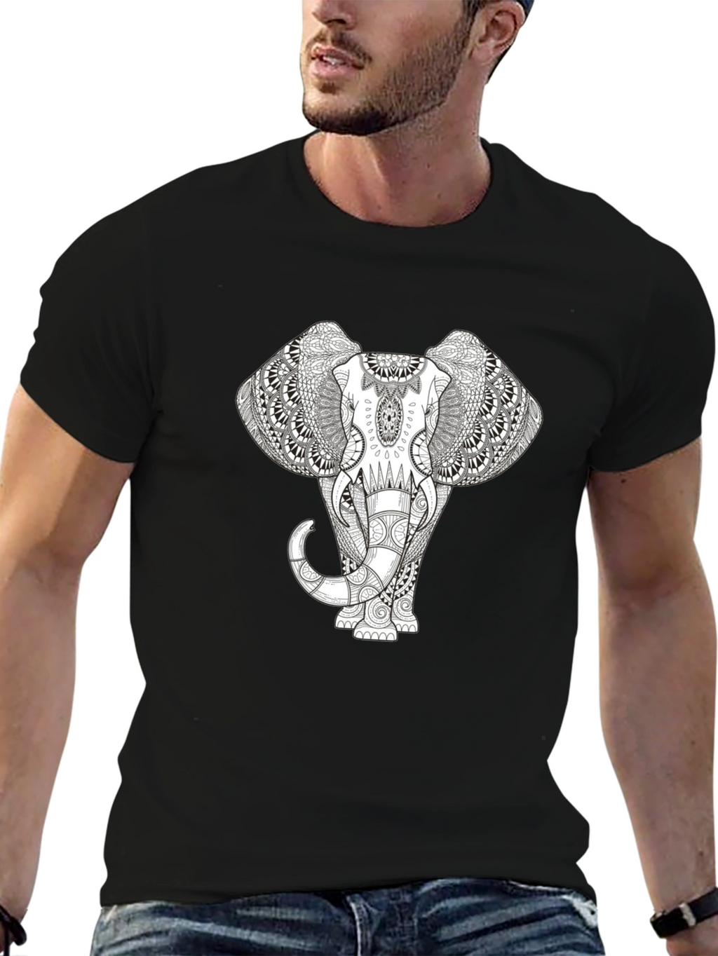 Elephant Mandala Print Black T-Shirt