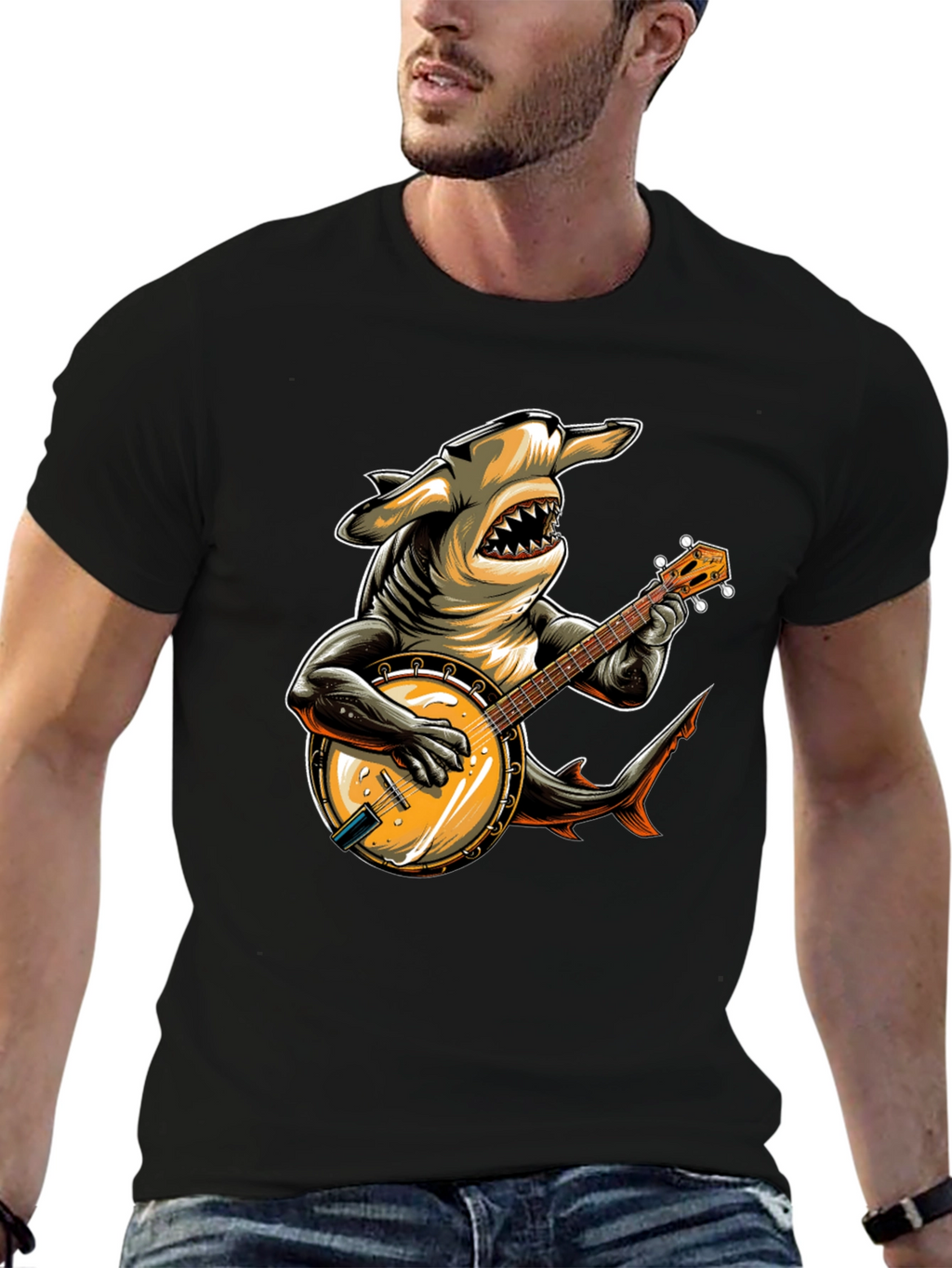 Shark Banjo Player Graphic T-Shirt