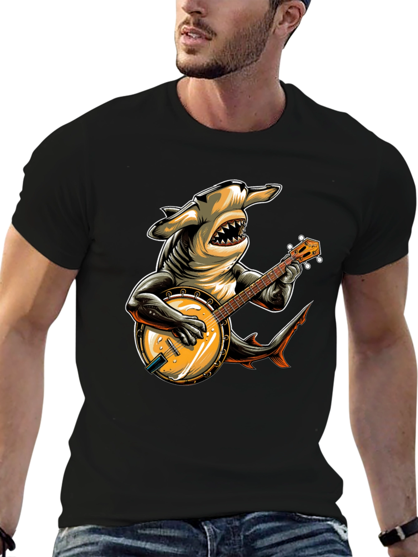 Shark Banjo Player Graphic T-Shirt