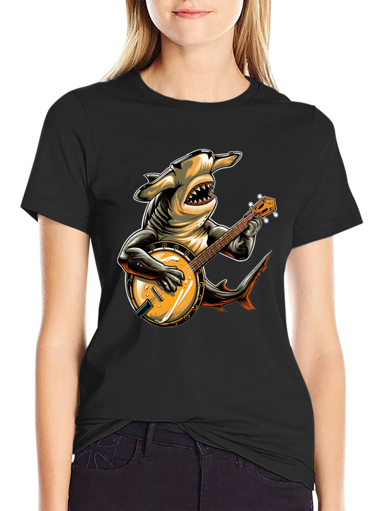 Shark Banjo Player Graphic T-Shirt