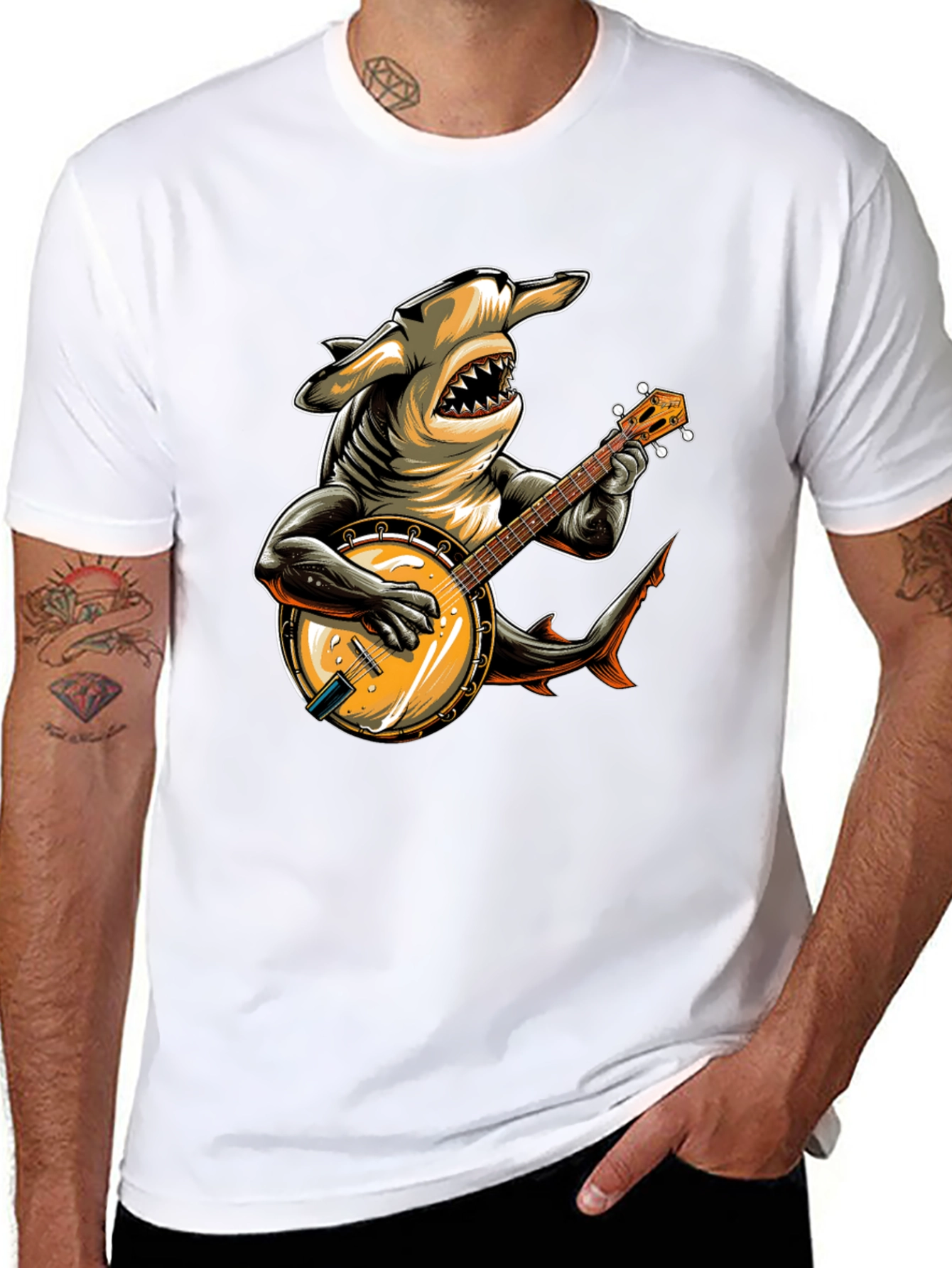 Shark Banjo Player Graphic T-Shirt