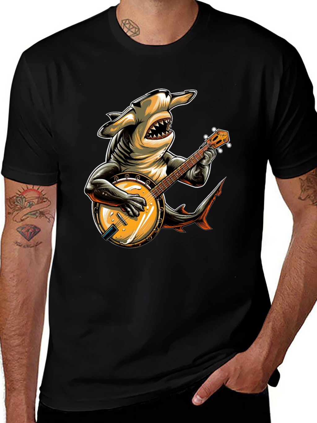 Shark Banjo Player Graphic T-Shirt
