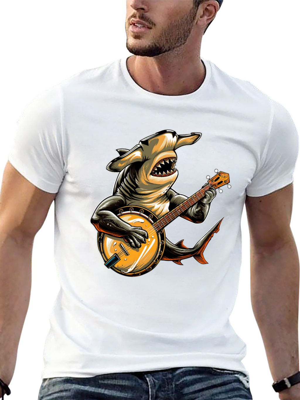 Shark Banjo Player Graphic T-Shirt