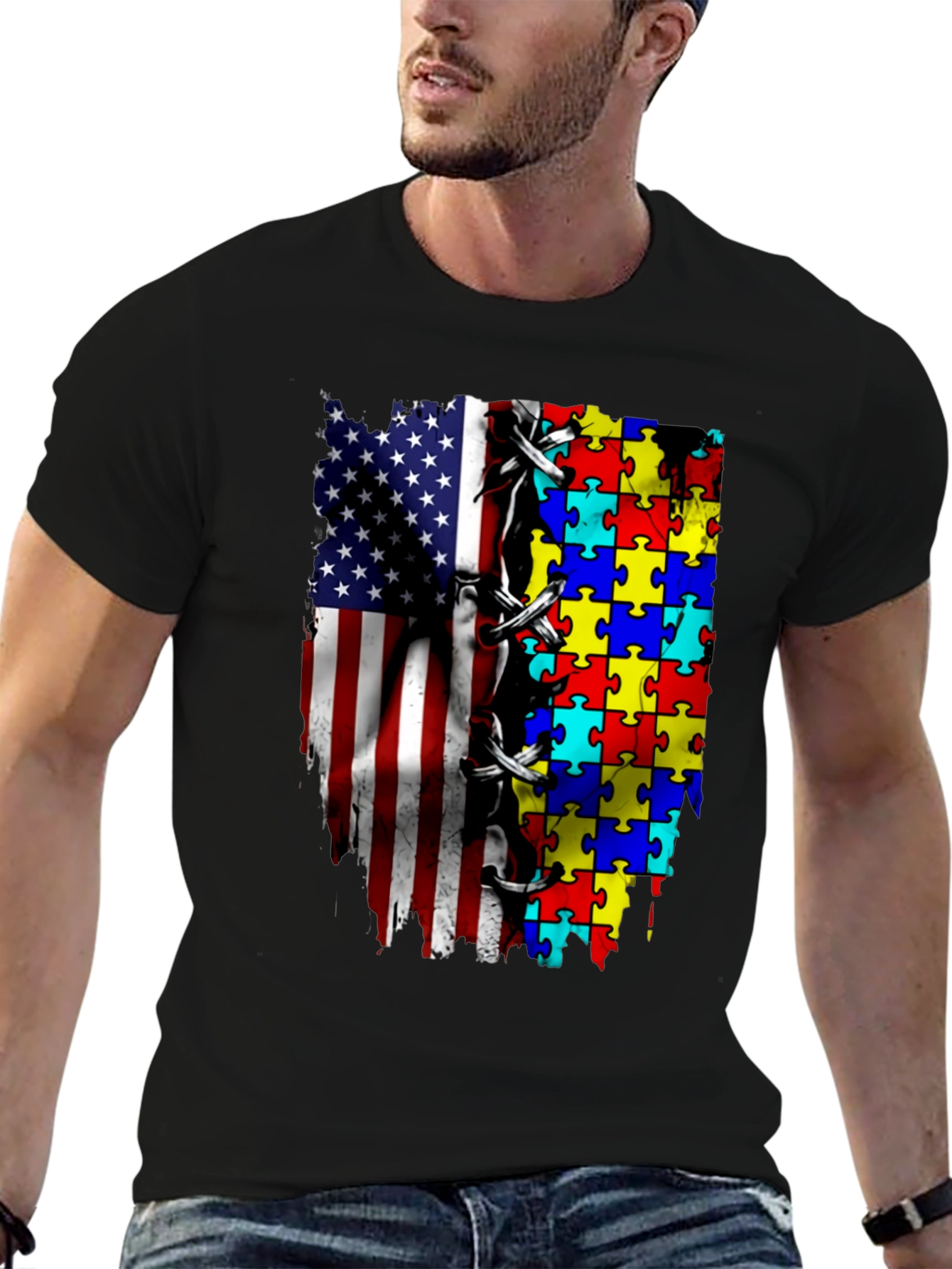 Autism Awareness USA Flag Puzzle T-Shirt