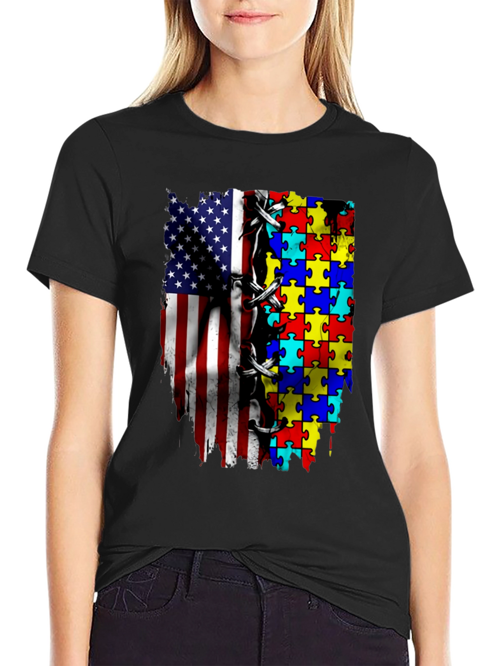 Autism Awareness USA Flag Puzzle T-Shirt