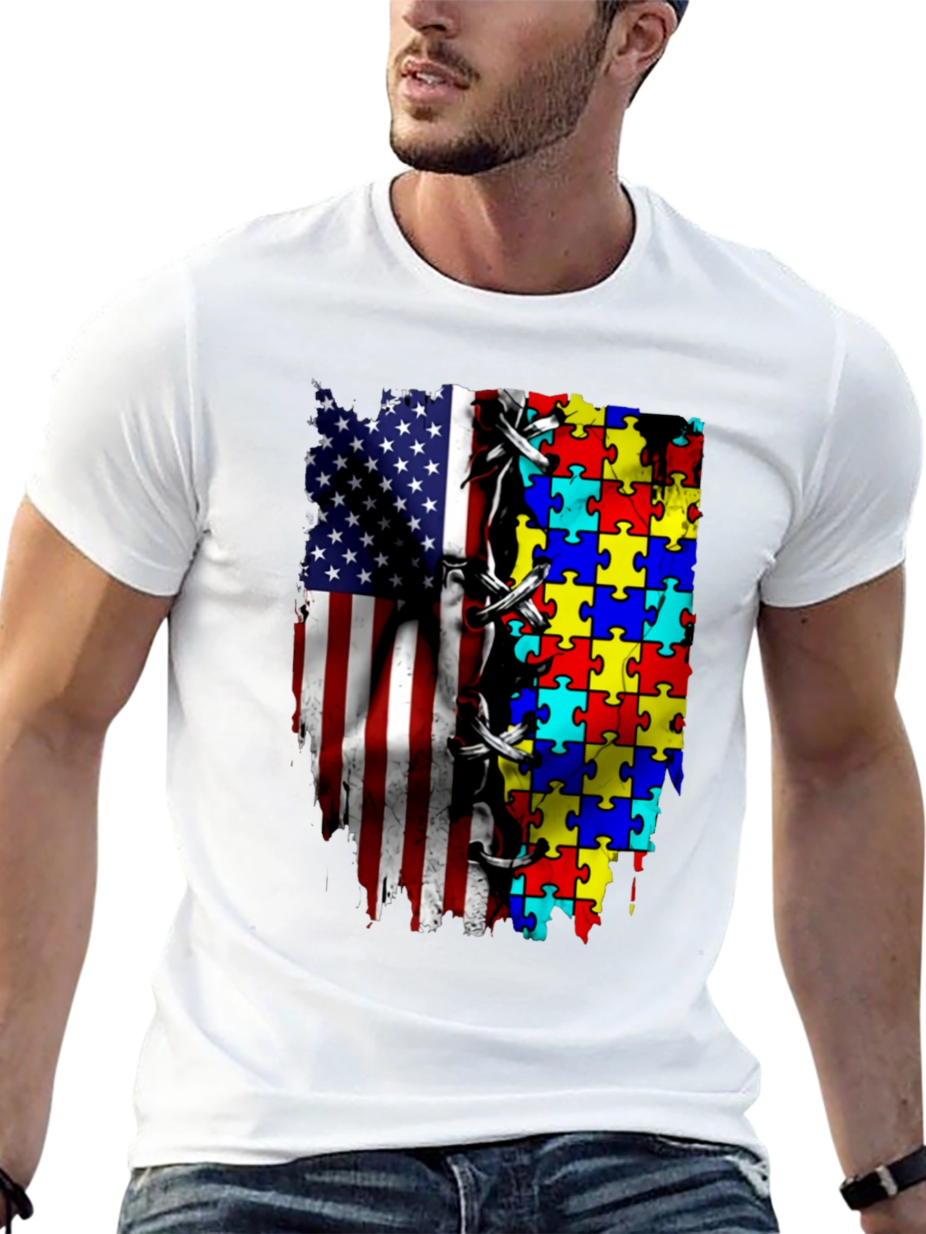 Autism Awareness USA Flag Puzzle T-Shirt