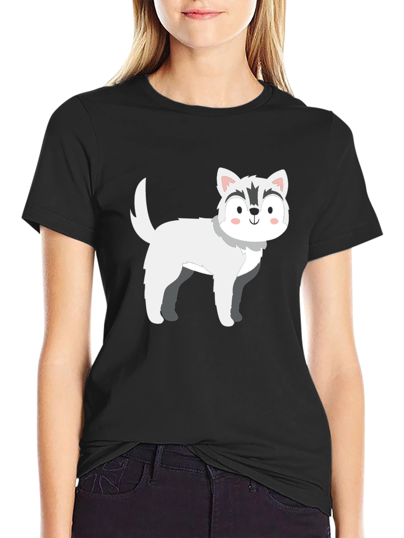Cute Cartoon Husky Dog Graphic T-Shirt