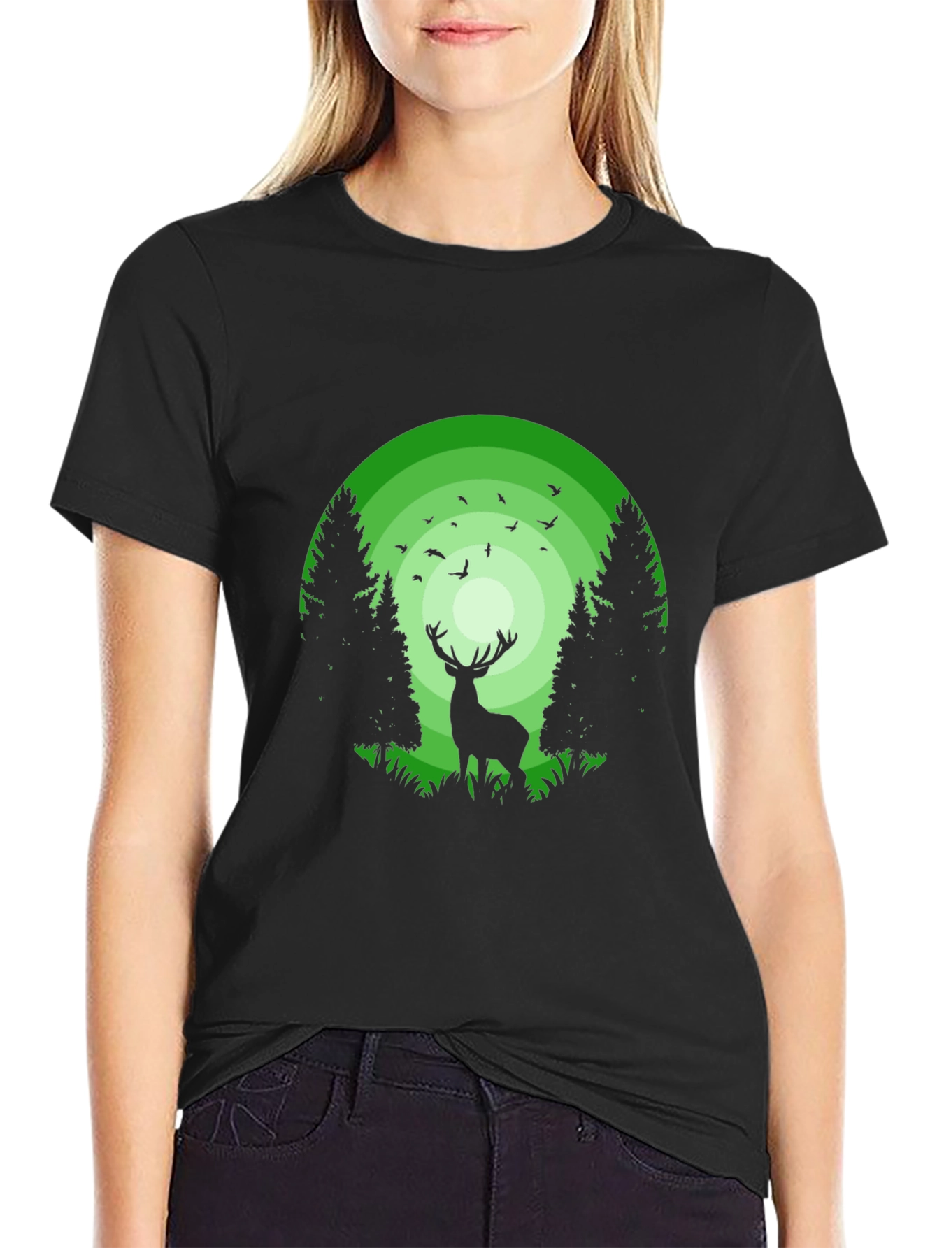 Nature Deer Graphic Print Crew Neck T-Shirt