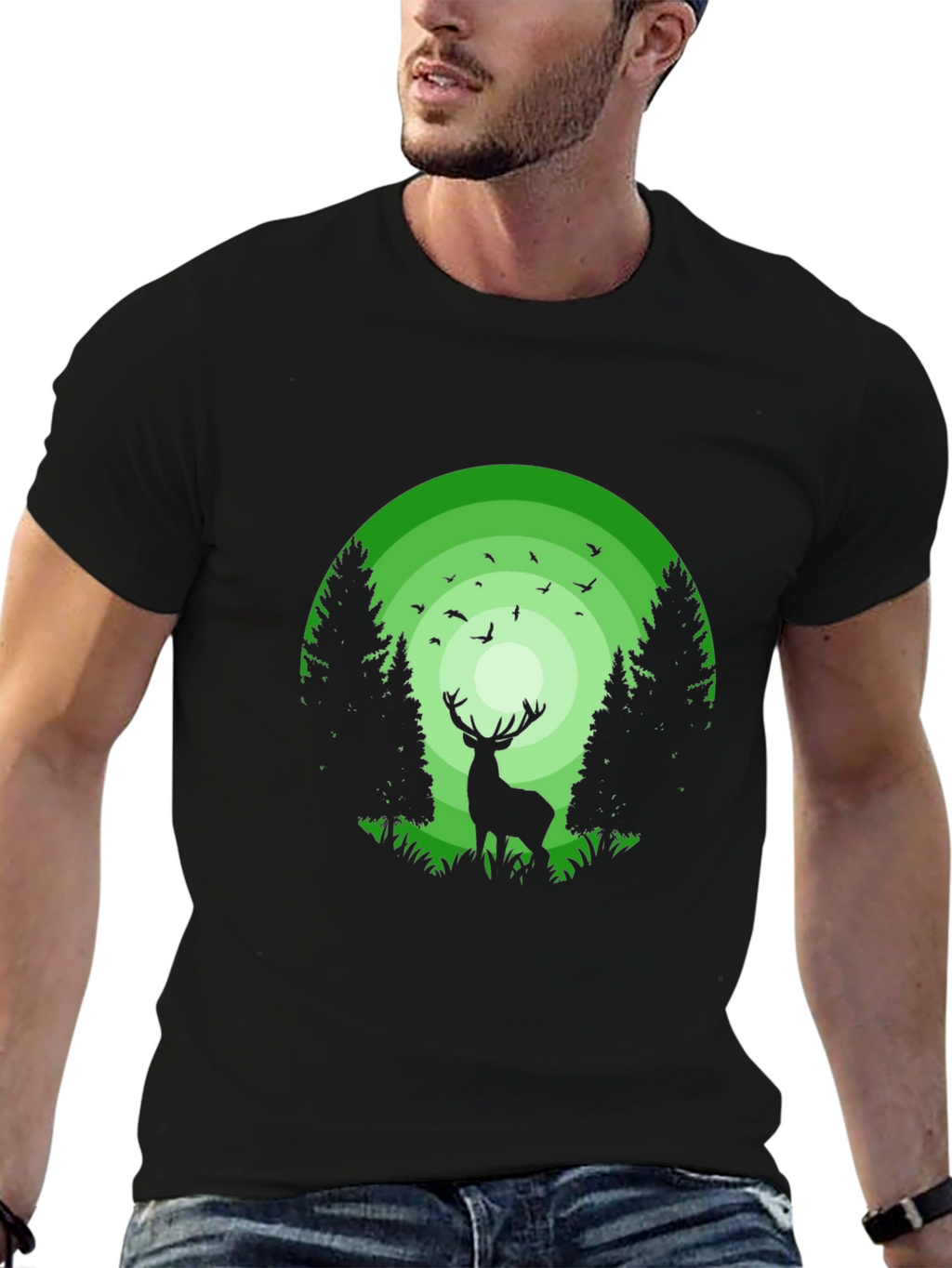 Nature Deer Graphic Print Crew Neck T-Shirt