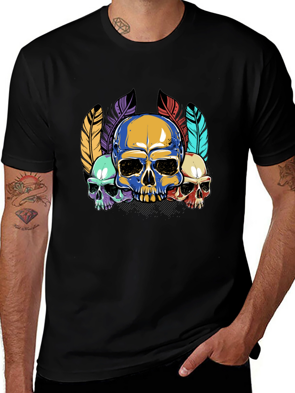 Skull Feather Graphic Print Mens Black T-Shirt