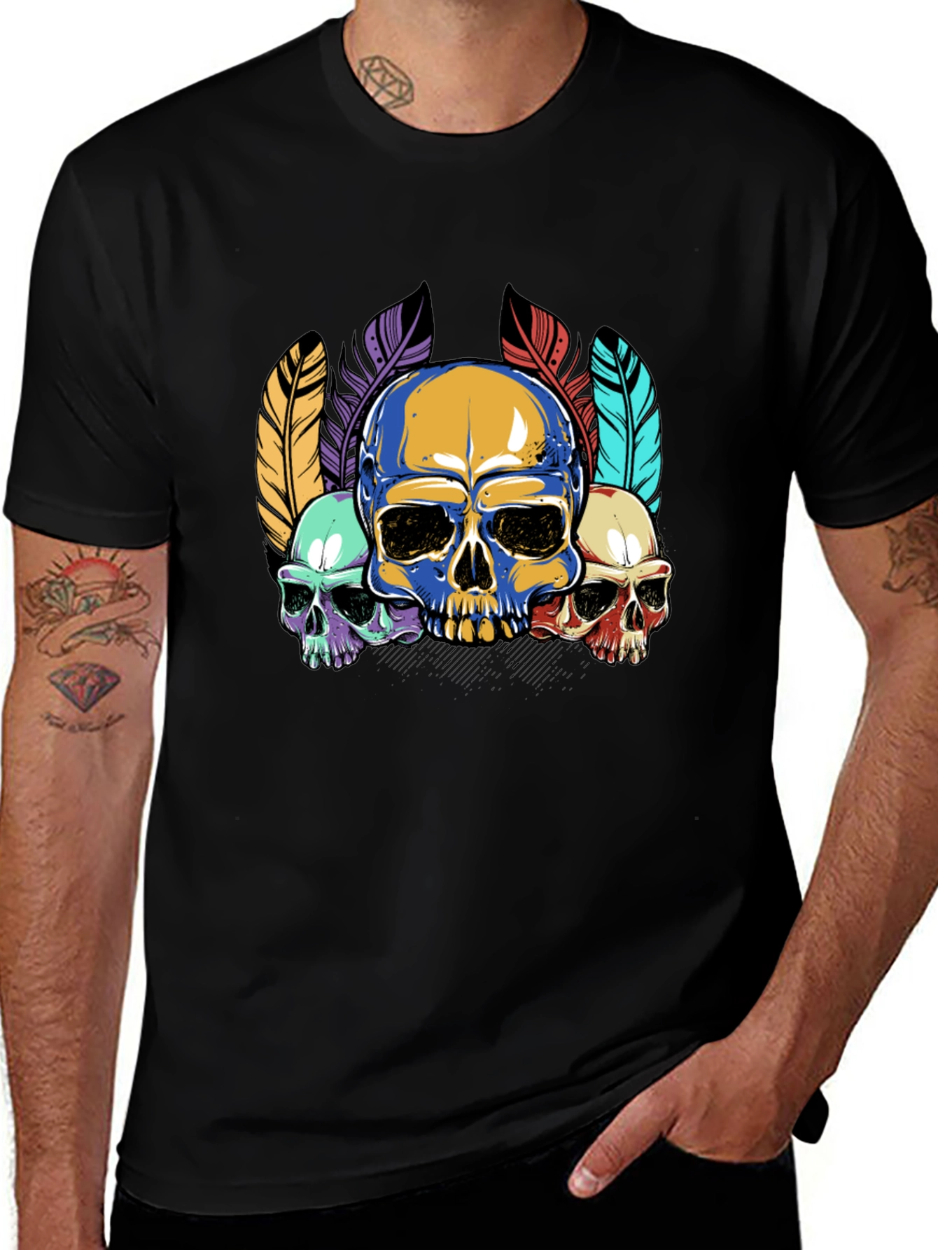 Skull Feather Graphic Print Mens Black T-Shirt