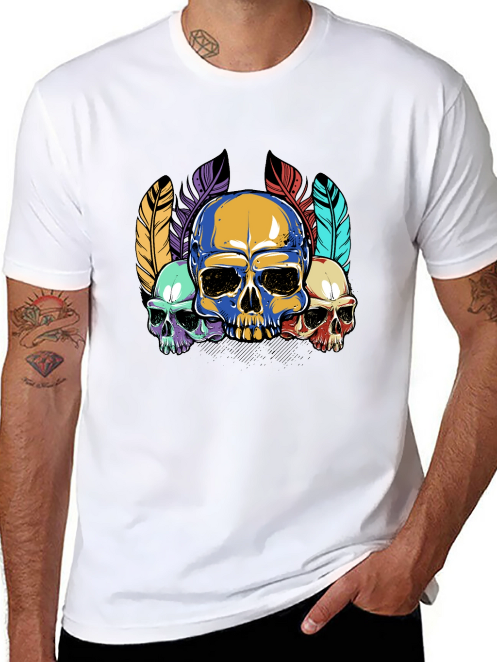 Skull Feather Graphic Print Mens Black T-Shirt